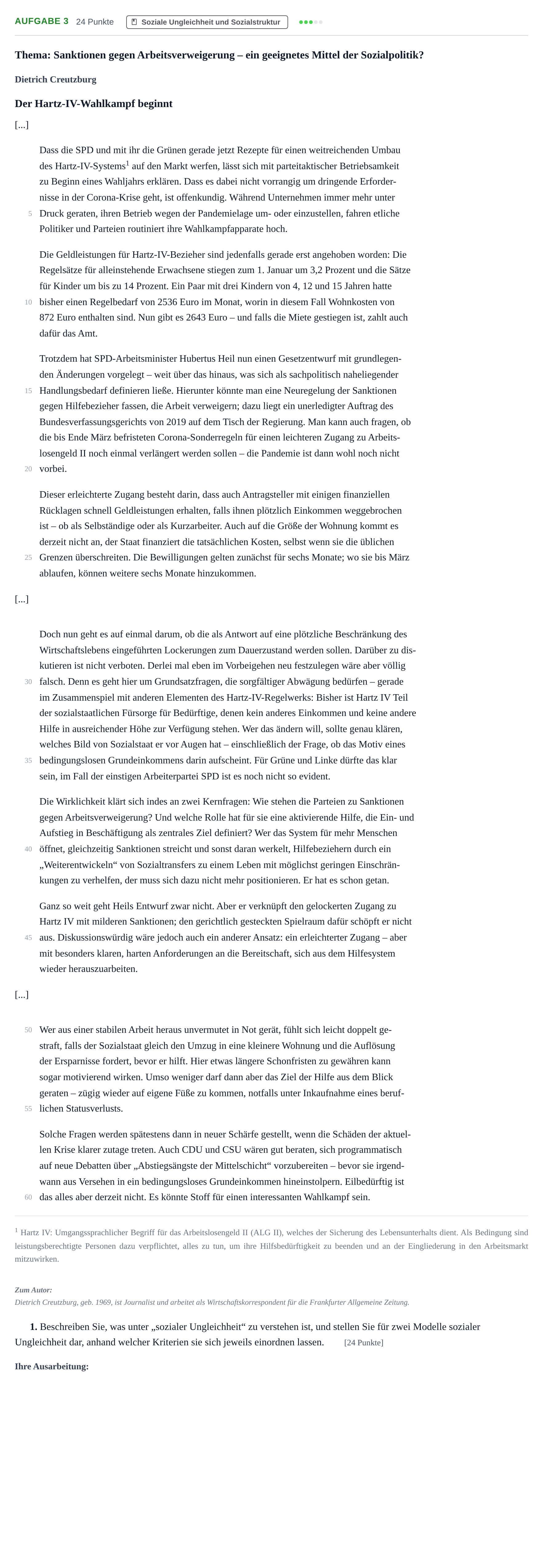 Aufgabenstellung: Aufgabe 3 - Soziale Ungleichheit · Abitur NRW Sozialwissenschaften GK · Nachtermin · Wirtschaft 2022