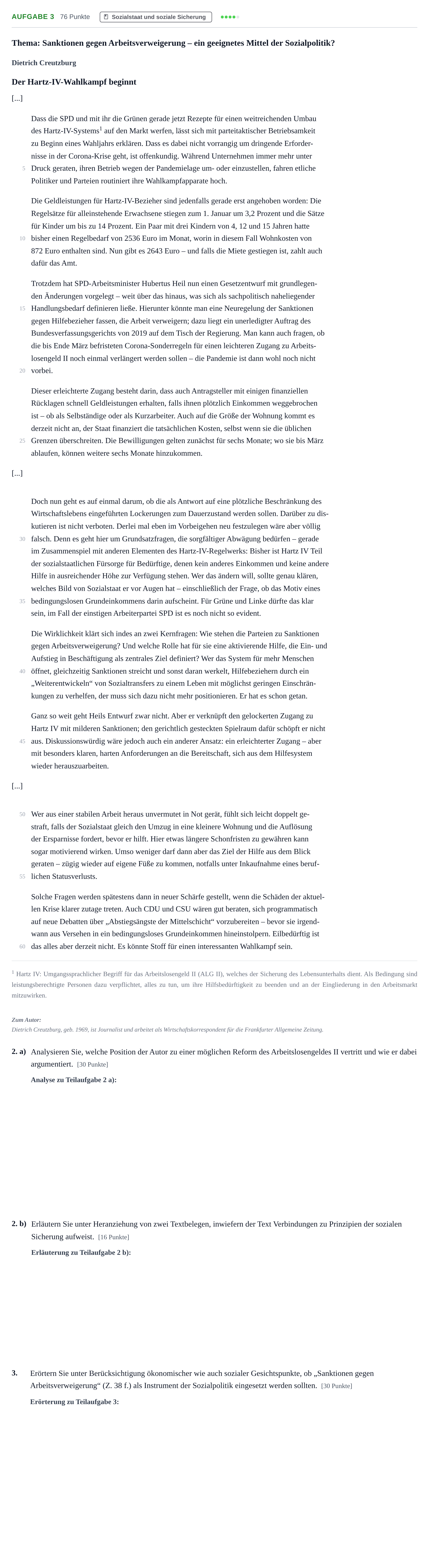 Aufgabenstellung: Aufgabe 3 - Sozialstaat und soziale Sicherung · Abitur NRW Sozialwissenschaften GK · Nachtermin · Wirtschaft 2022