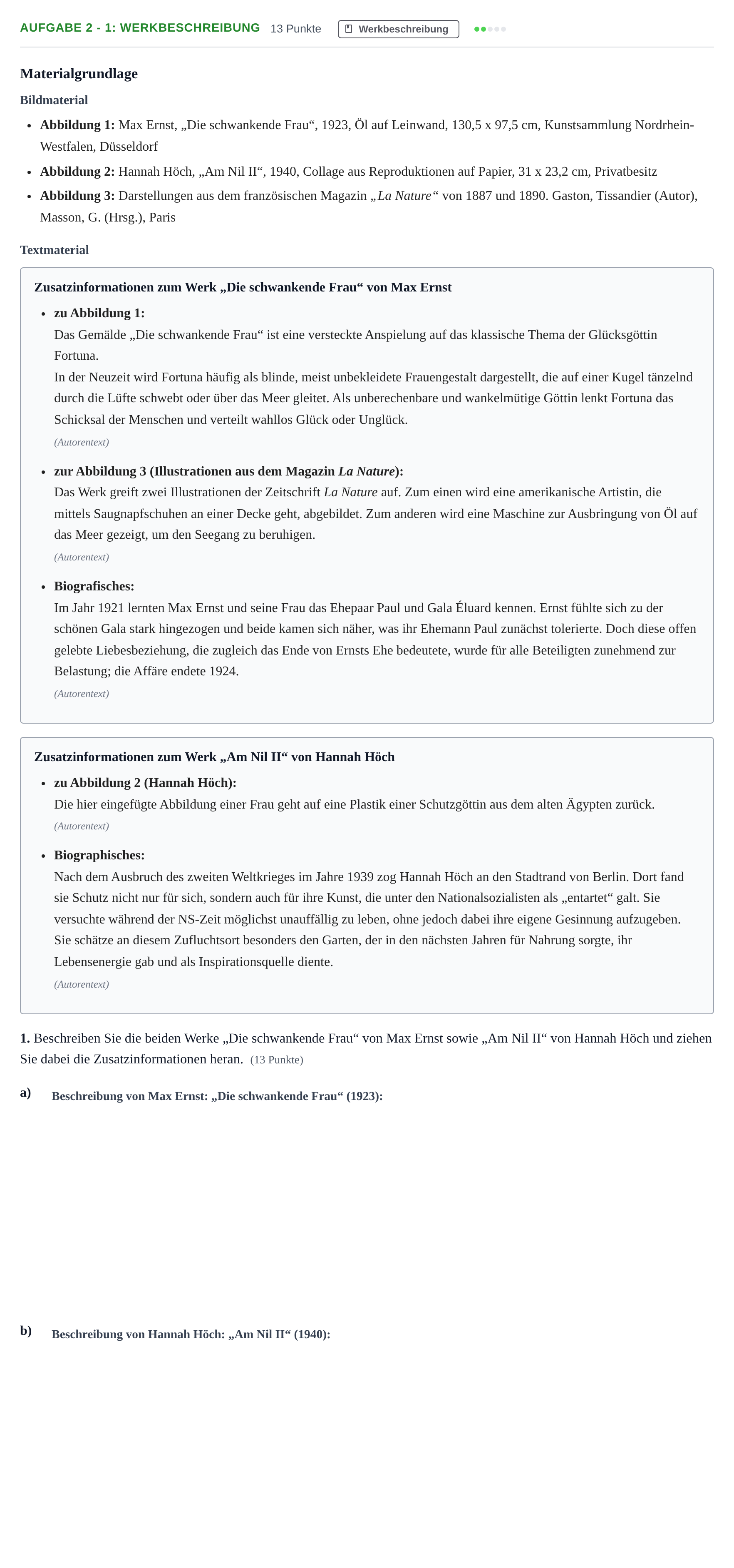 Aufgabenstellung: Aufgabe 2 - 1: Werkbeschreibung · Abitur NRW Kunst LK · Nachtermin 2022