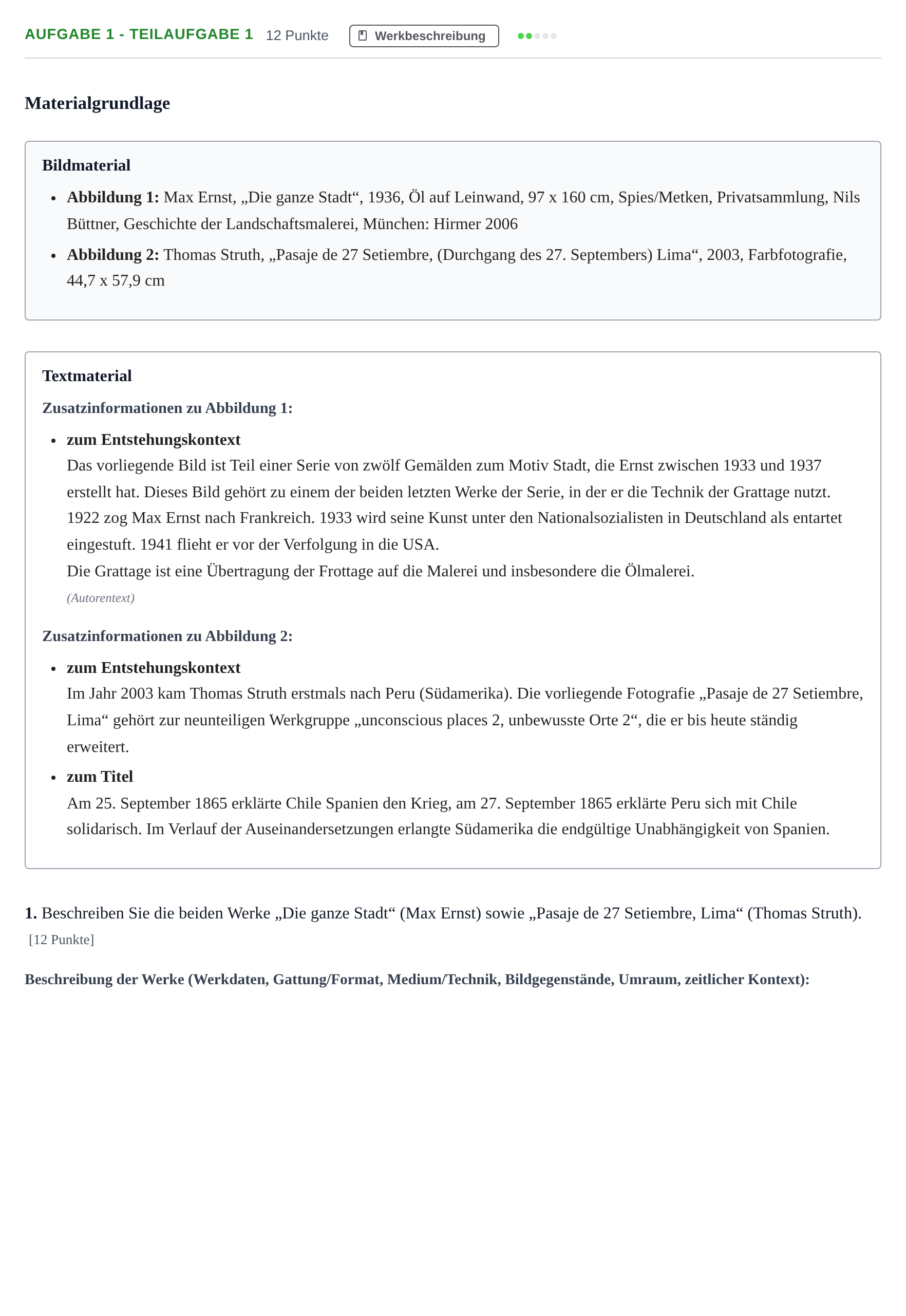Aufgabenstellung: Aufgabe 1 - Teilaufgabe 1 · Abitur NRW Kunst LK · Haupttermin · Weiterbildungskolleg 2022