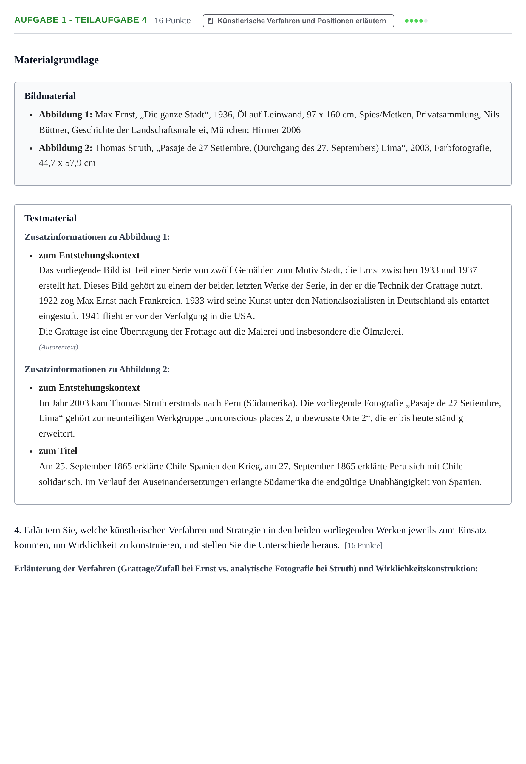 Aufgabenstellung: Aufgabe 1 - Teilaufgabe 4 · Abitur NRW Kunst LK · Haupttermin · Weiterbildungskolleg 2022