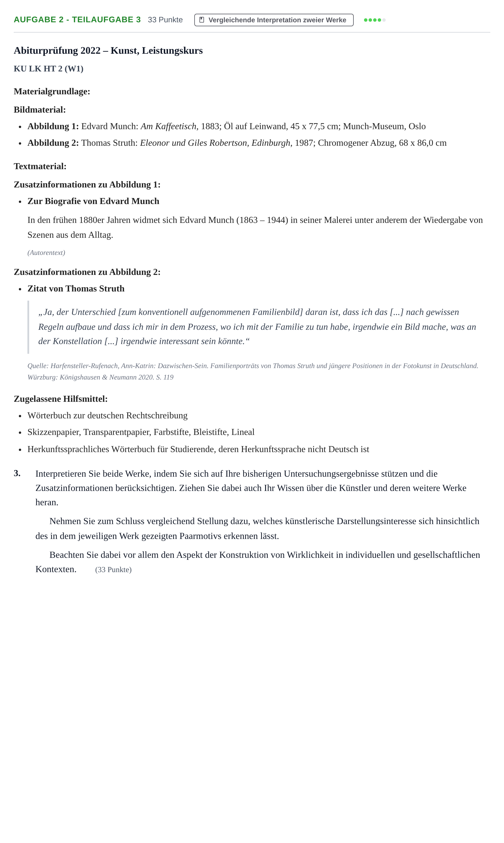 Aufgabenstellung: Aufgabe 2 - Teilaufgabe 3 · Abitur NRW Kunst LK · Haupttermin · Weiterbildungskolleg 2022