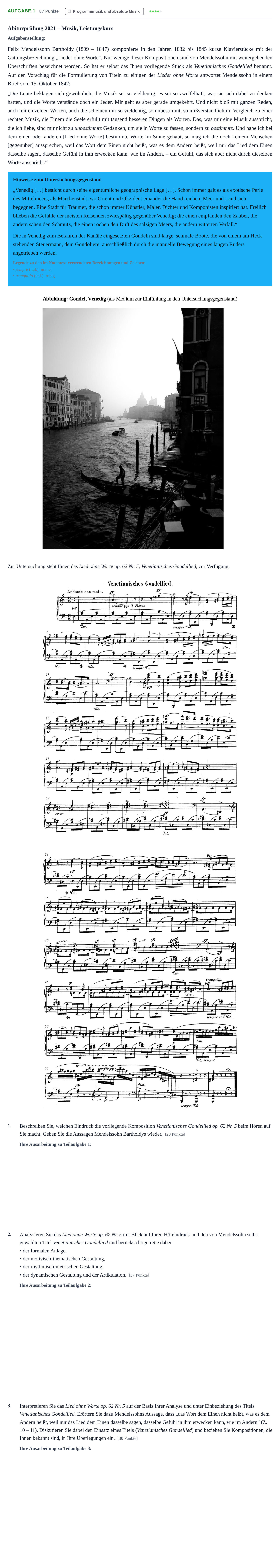 Aufgabenstellung: Aufgabe 1 · Abitur NRW Musik LK · Haupttermin 2021