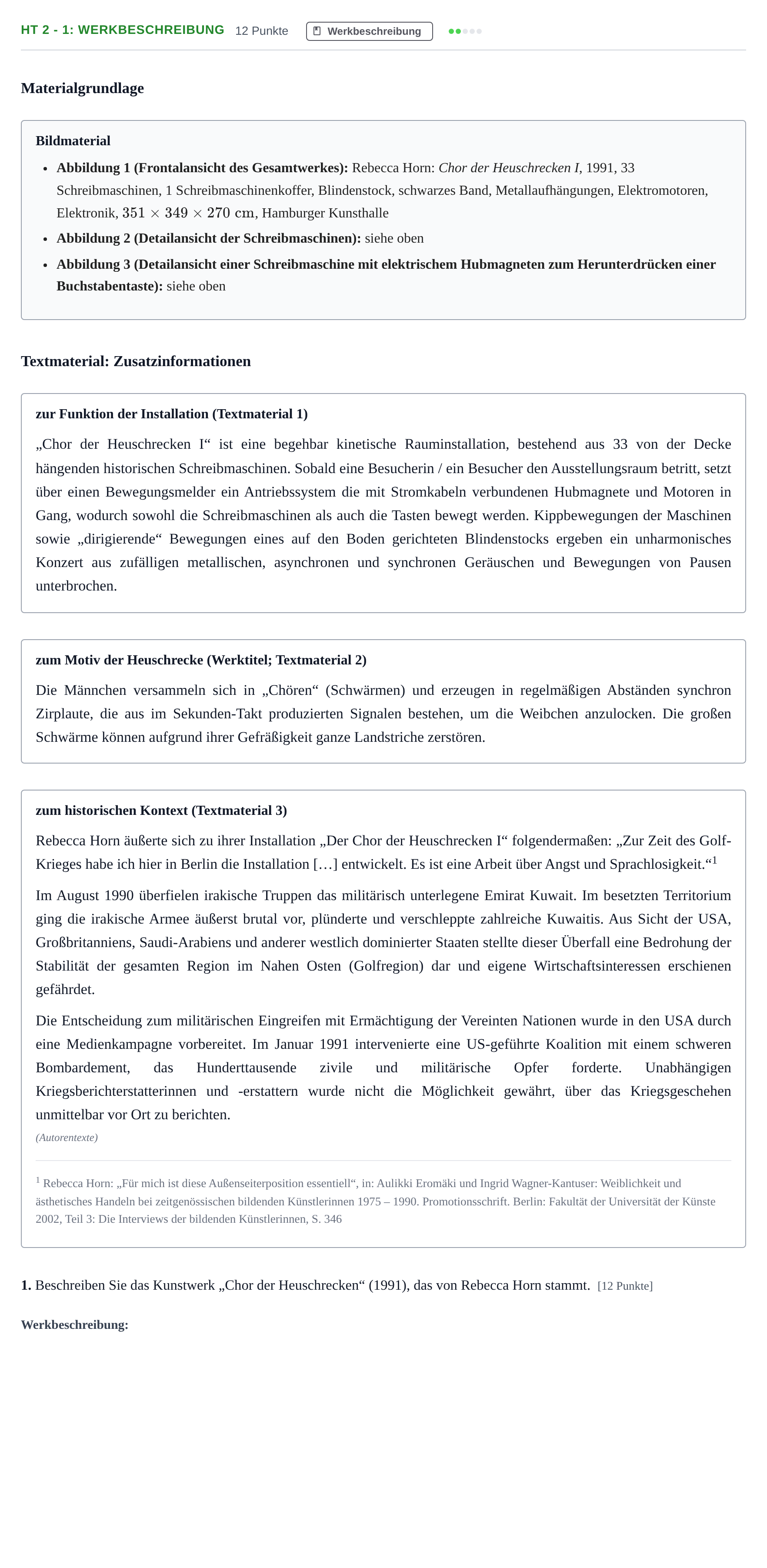 Aufgabenstellung: Aufgabe HT 2 - 1: Werkbeschreibung · Abitur NRW Kunst GK · Haupttermin 2023
