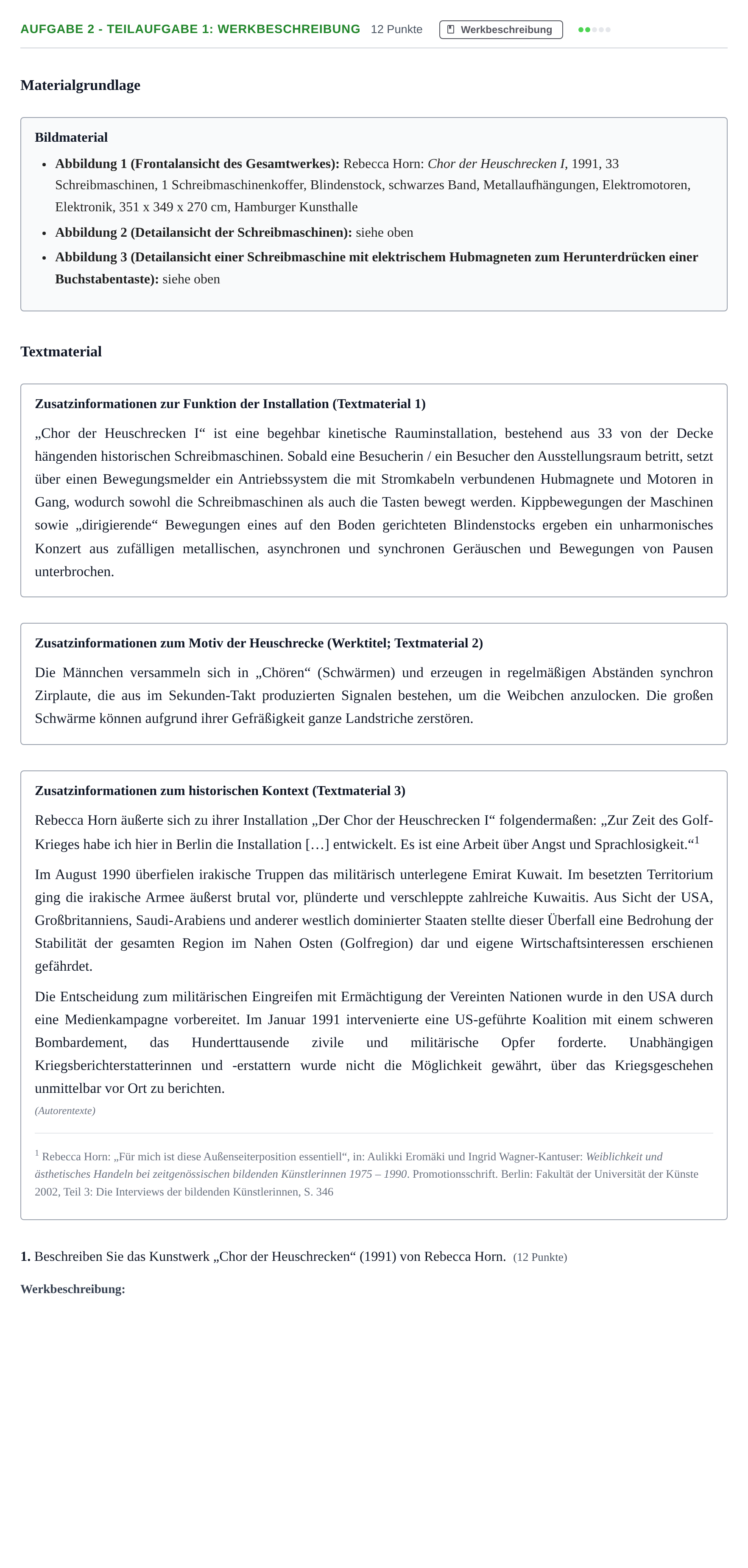 Aufgabenstellung: Aufgabe 2 - Teilaufgabe 1: Werkbeschreibung · Abitur NRW Kunst GK · Haupttermin · Weiterbildungskolleg 2023