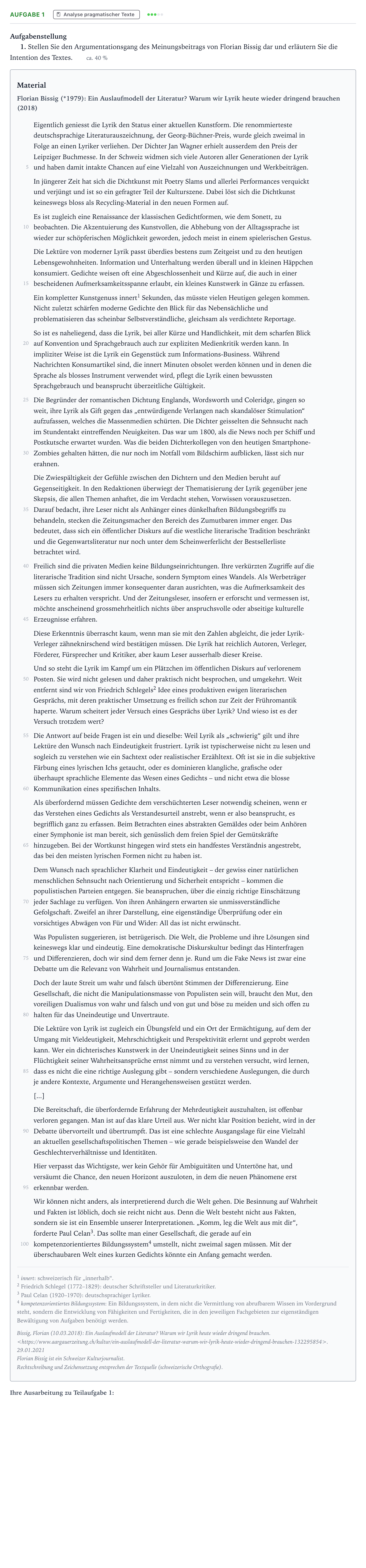 Aufgabenstellung: Aufgabe 1 - Analyse pragmatischer Texte · Abitur NRW Deutsch GK · Potenzial von Lyrik 2023