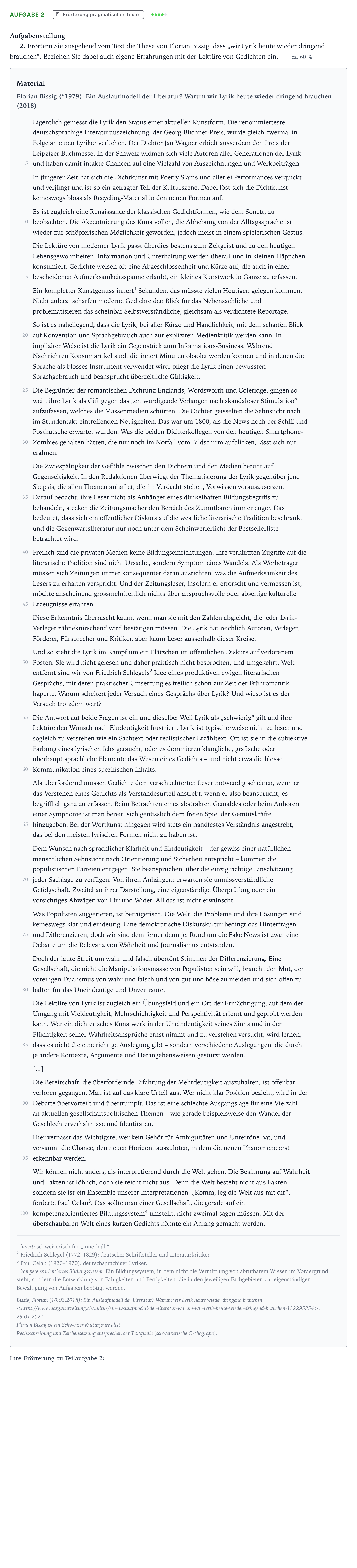 Aufgabenstellung: Aufgabe 2 - Erörterung pragmatischer Texte · Abitur NRW Deutsch GK · Potenzial von Lyrik 2023