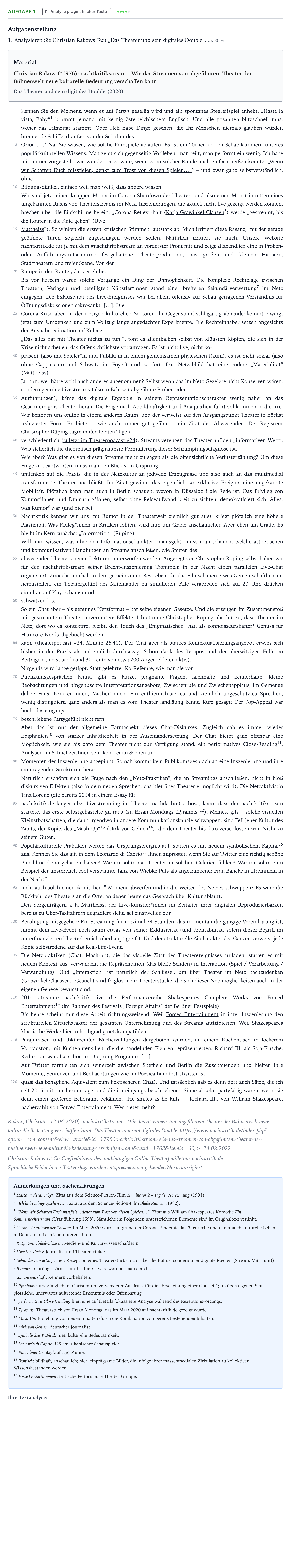 Aufgabenstellung: Aufgabe 1 - Analyse pragmatischer Texte · Abitur NRW Deutsch LK · Potenzial des Streamens von abgefil 2023