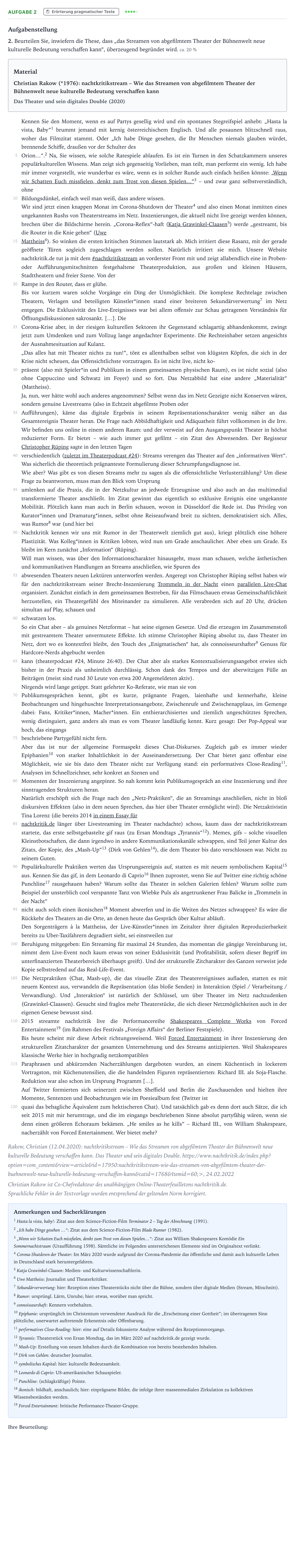 Aufgabenstellung: Aufgabe 2 - Erörterung pragmatischer Texte · Abitur NRW Deutsch LK · Potenzial des Streamens von abgefil 2023