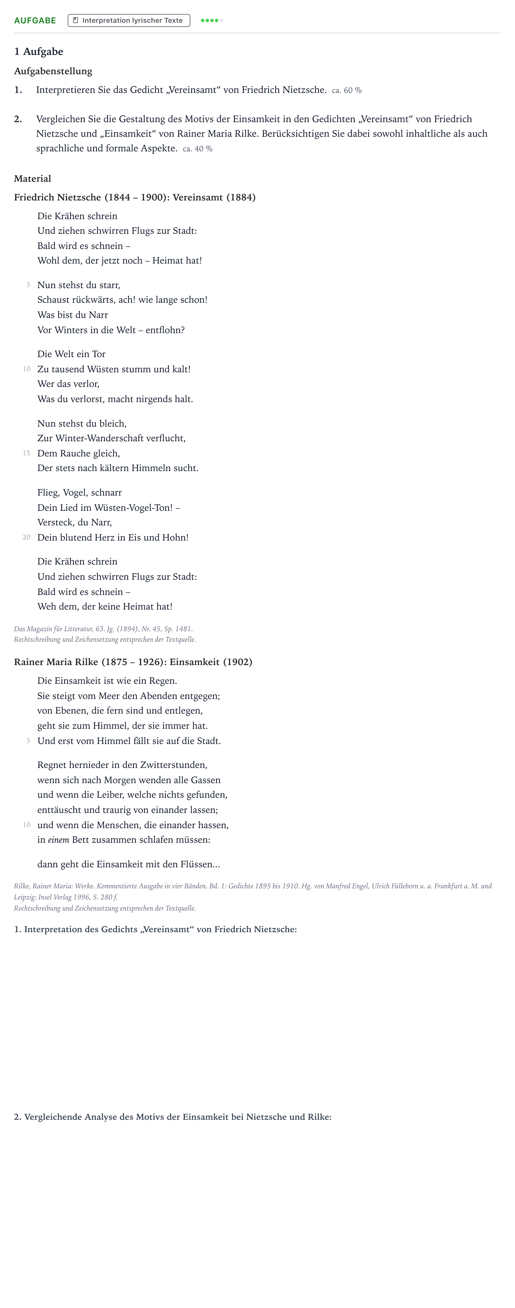 Aufgabenstellung: Aufgabe · Abitur NRW Deutsch LK · Nietzsche/Rilke 2022