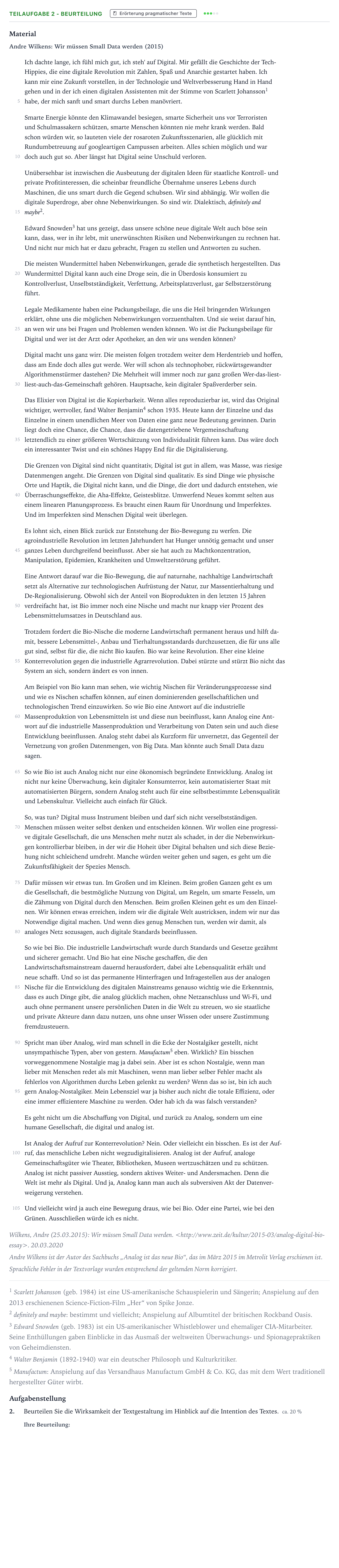 Aufgabenstellung: Teilaufgabe 2 - Beurteilung · Abitur NRW Deutsch GK · negative Auswirkungen der Digitalis 2022