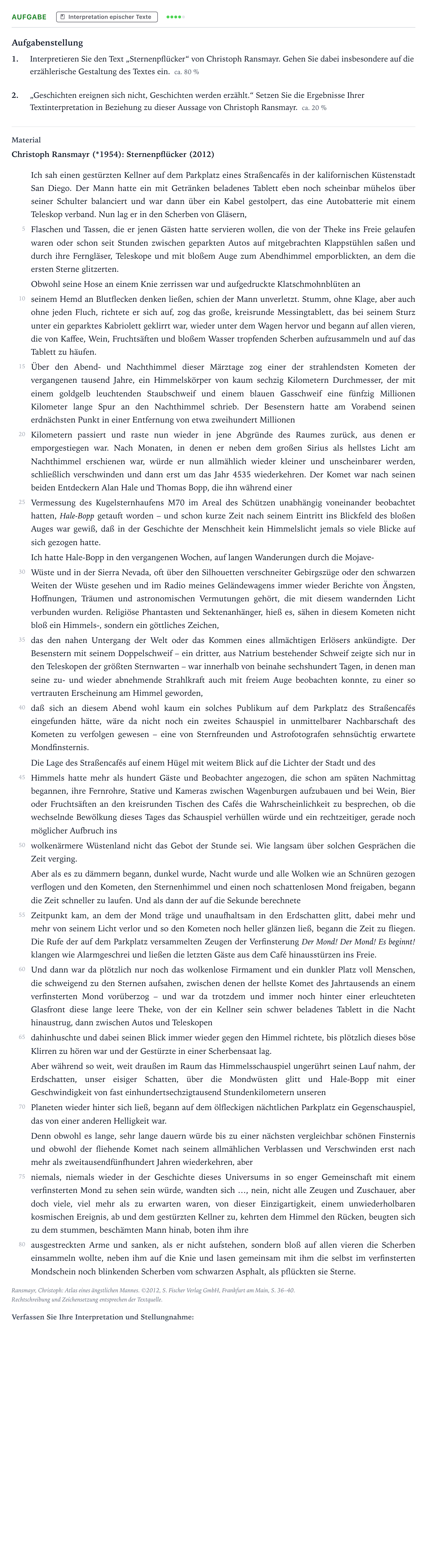 Aufgabenstellung: Aufgabe · Abitur NRW Deutsch LK · Ransmayr: Sternenpflücker 2022