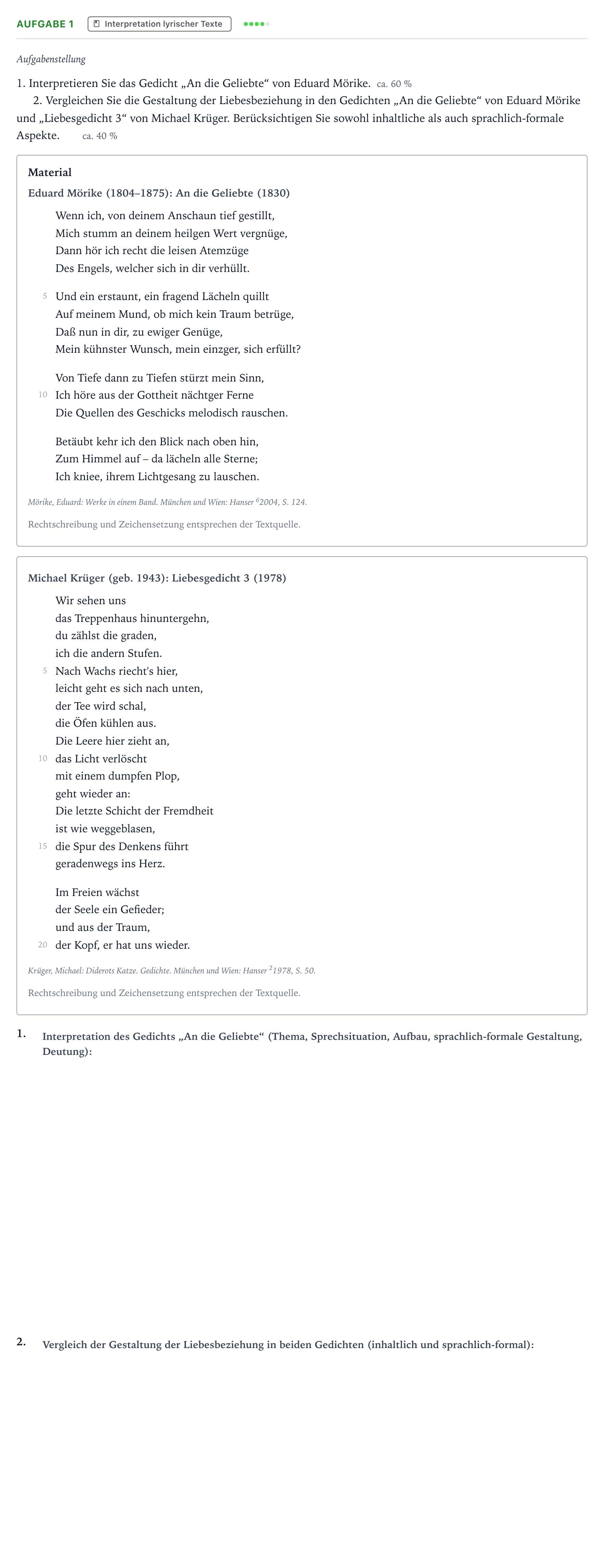 Aufgabenstellung: Aufgabe 1 · Abitur NRW Deutsch LK · Mörike/Krüger 2023