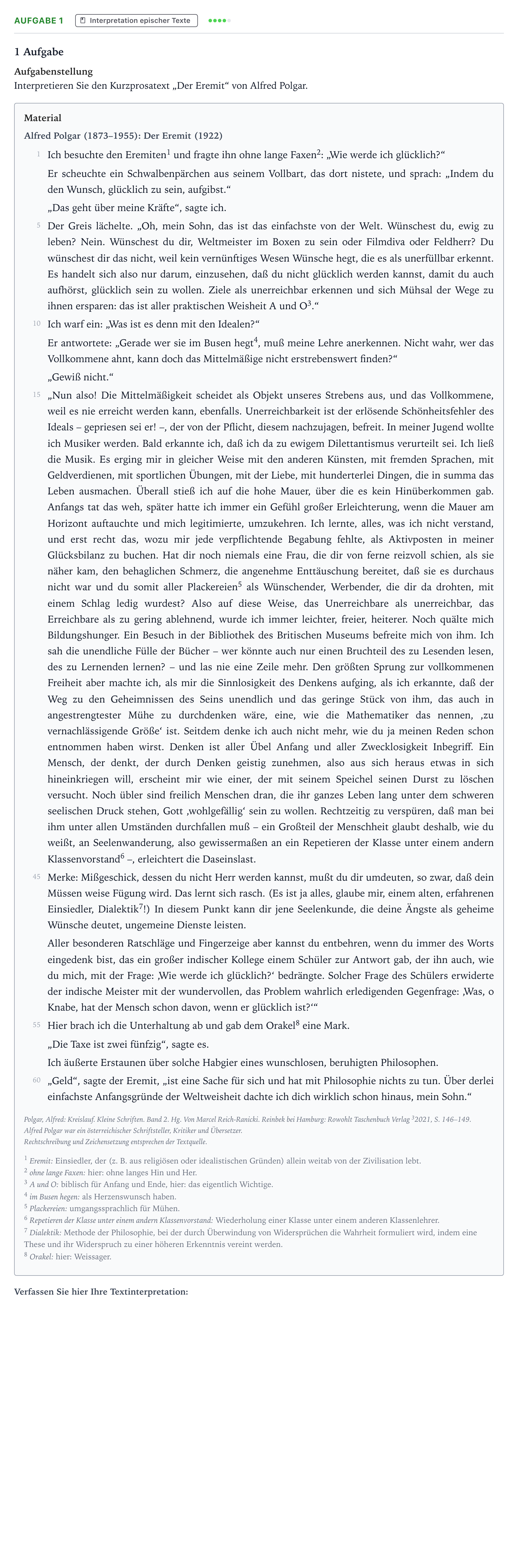 Aufgabenstellung: Aufgabe 1 · Abitur NRW Deutsch LK · Polgar: Der Eremit 2023
