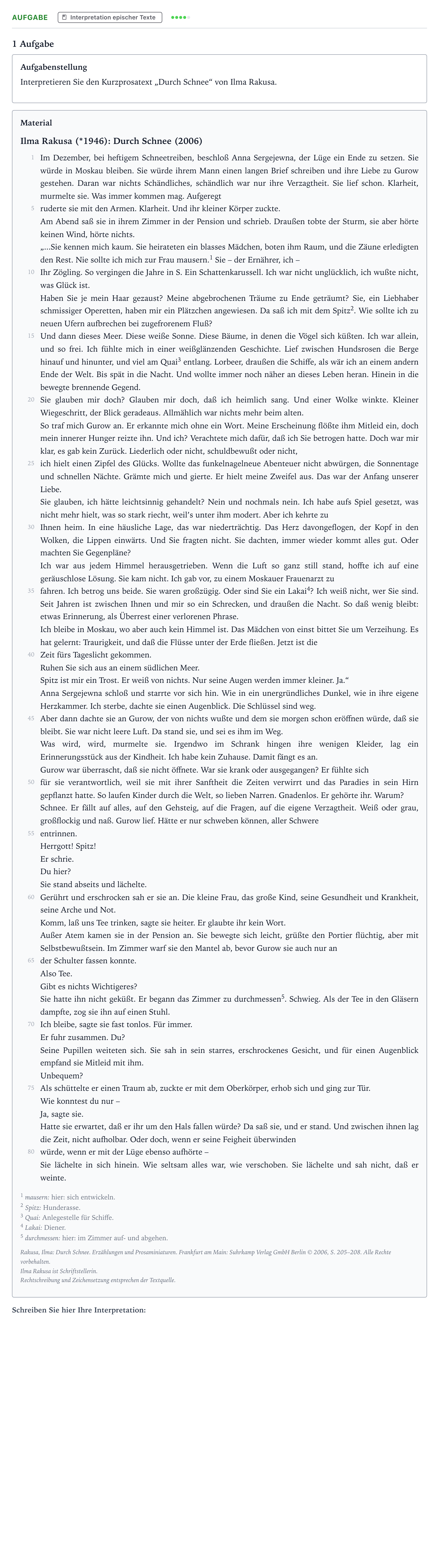 Aufgabenstellung: Aufgabe · Abitur NRW Deutsch GK · Rakusa: Durch Schnee 2025
