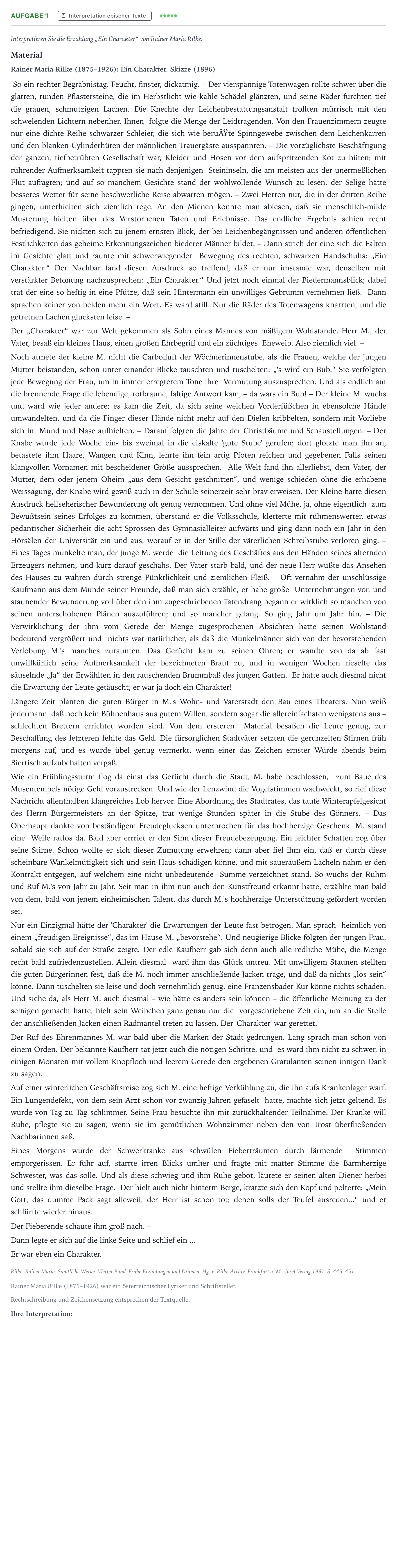Aufgabenstellung: Aufgabe 1 · Abitur NRW Deutsch LK · Rilke: Ein Charakter.Skizze 2024