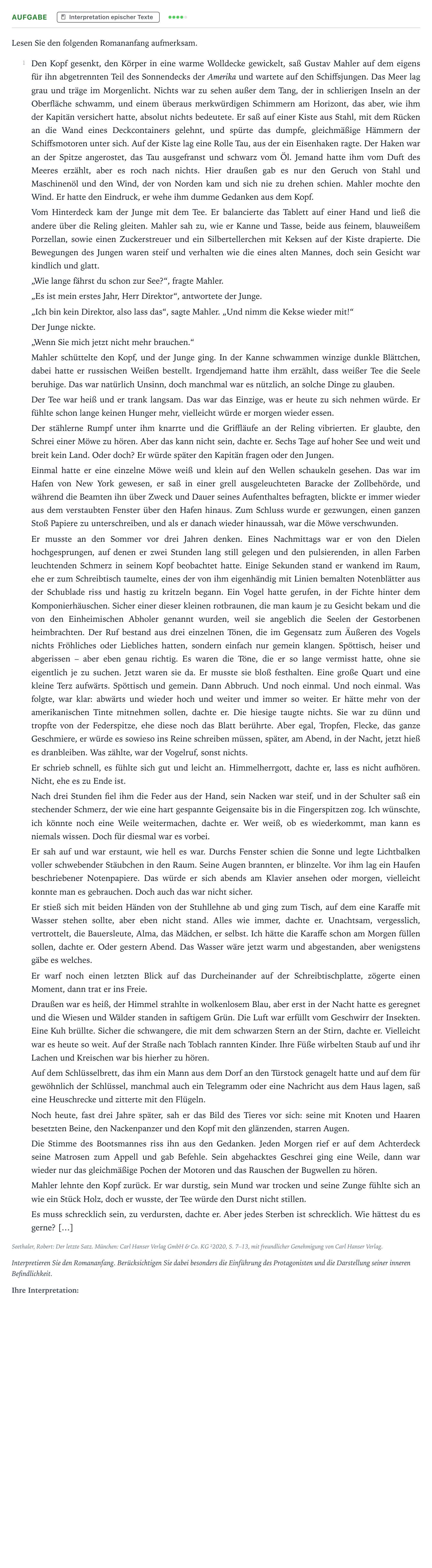 Aufgabenstellung: Aufgabe · Abitur NRW Deutsch LK · Seethaler: Der letzte Satz 2023
