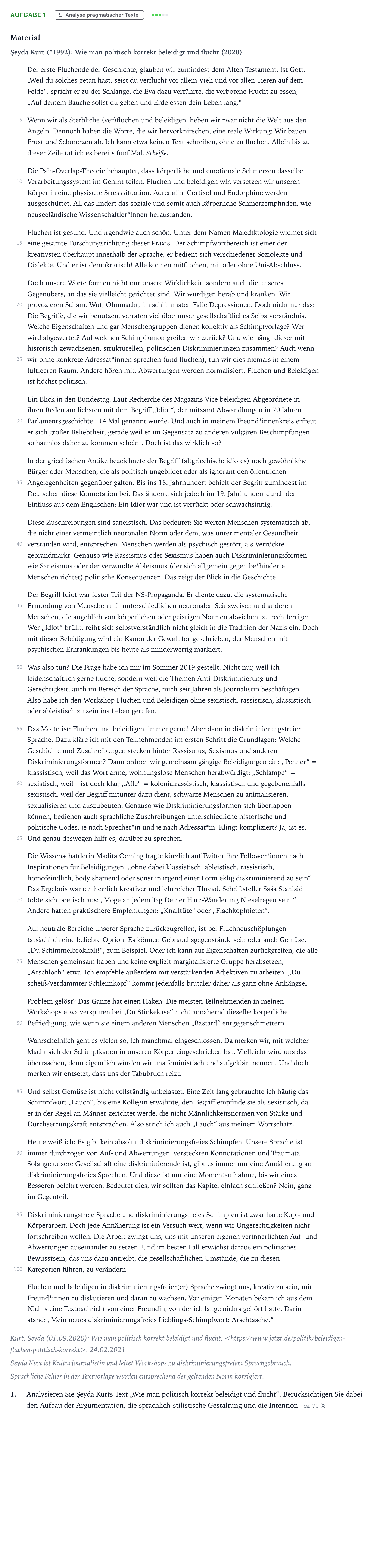 Aufgabenstellung: Aufgabe 1 - Analyse pragmatischer Texte · Abitur NRW Deutsch GK · Sinnhaftigkeit und Umsetzungsmöglic 2023