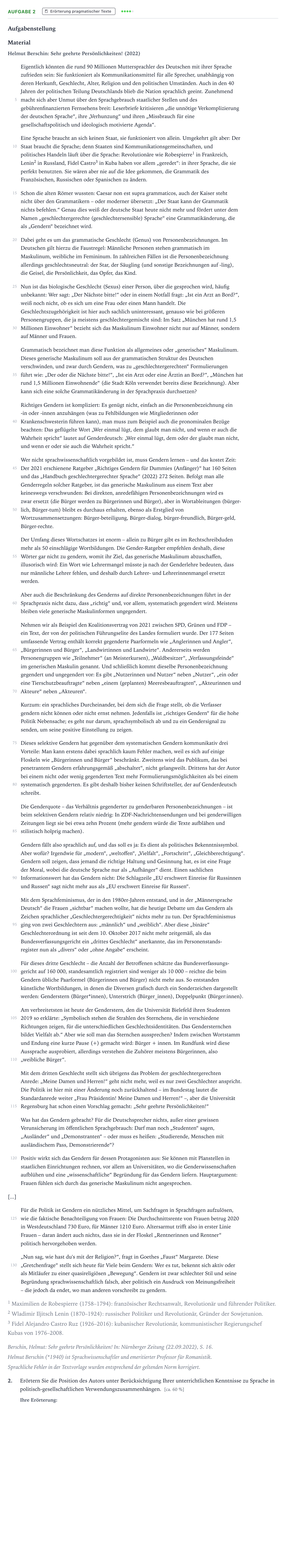 Aufgabenstellung: Aufgabe 2 - Erörterung pragmatischer Texte · Abitur NRW Deutsch LK · Sprachgebrauch im gesellschaftspoli 2025