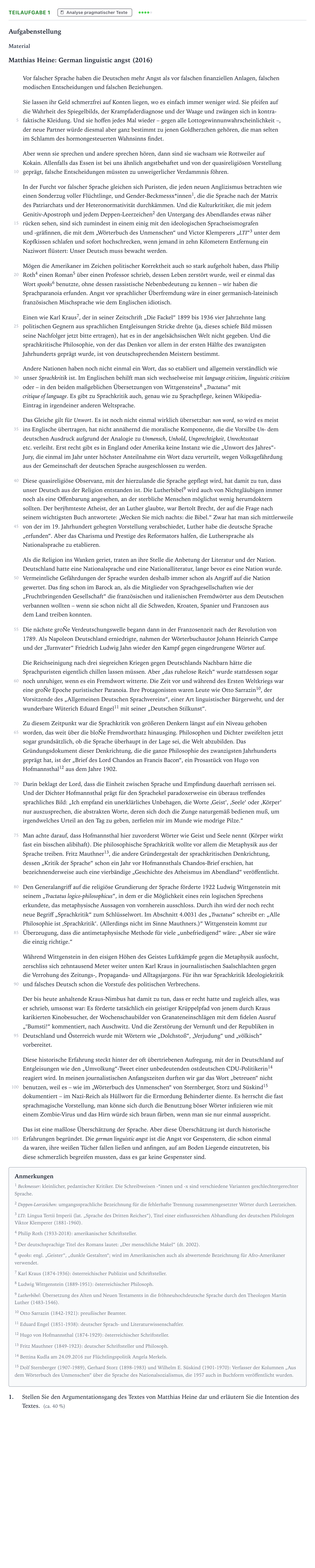 Aufgabenstellung: Teilaufgabe 1 · Abitur NRW Deutsch LK · Sprachkritik und Sprachpflege im ak 2021