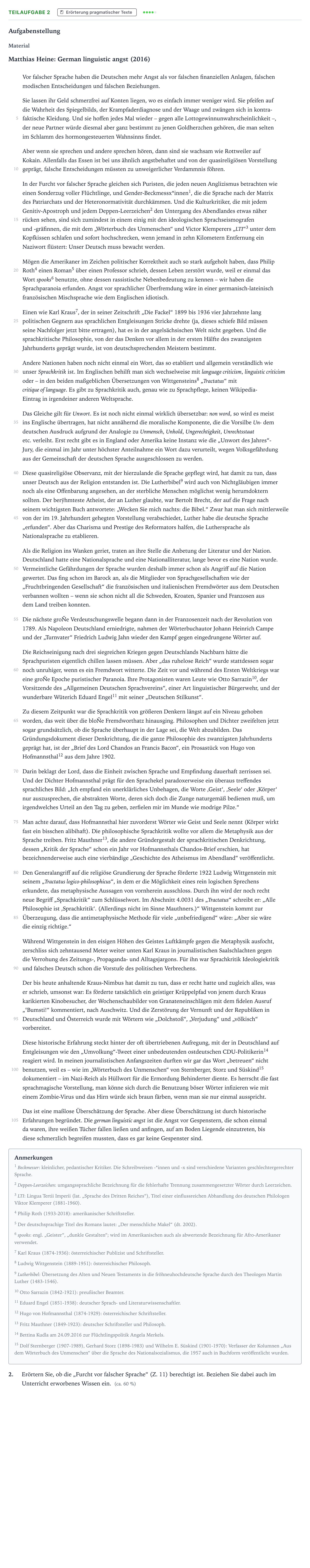Aufgabenstellung: Teilaufgabe 2 · Abitur NRW Deutsch LK · Sprachkritik und Sprachpflege im ak 2021