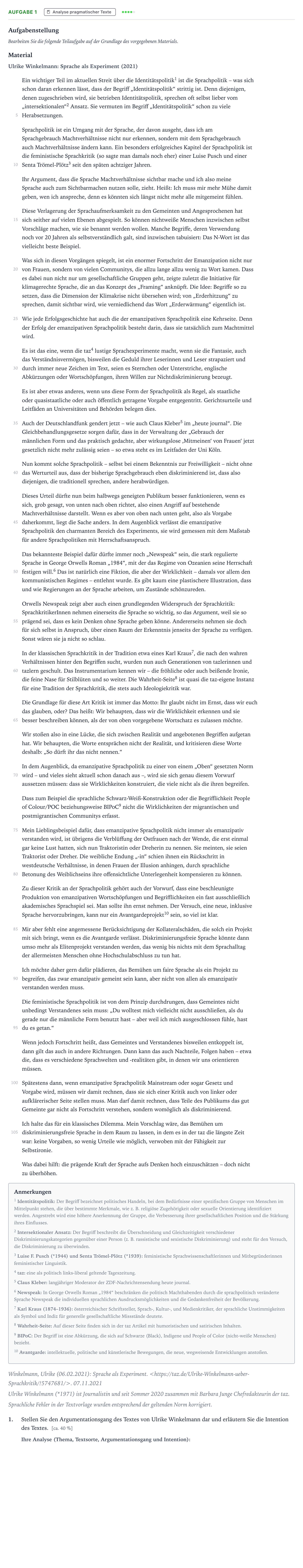 Aufgabenstellung: Aufgabe 1 - Analyse pragmatischer Texte · Abitur NRW Deutsch LK · Sprachpolitik 2024