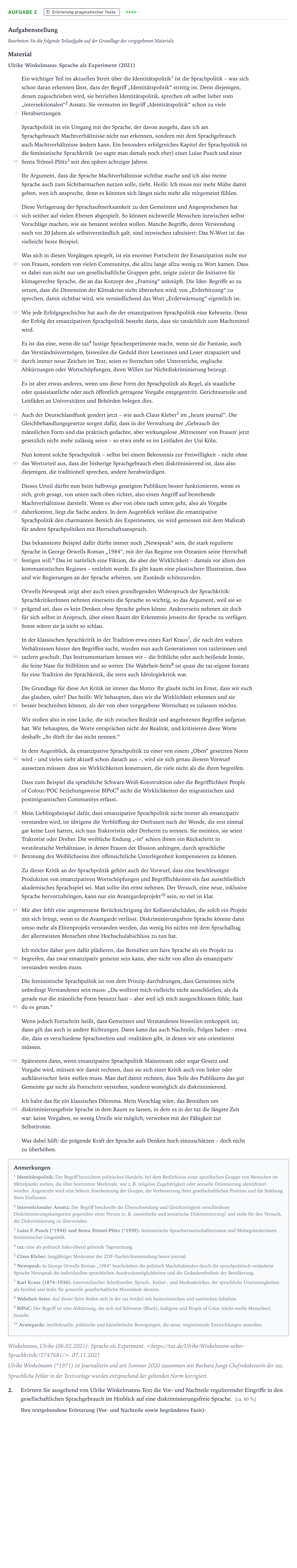Aufgabenstellung: Aufgabe 2 - Erörterung pragmatischer Texte · Abitur NRW Deutsch LK · Sprachpolitik 2024