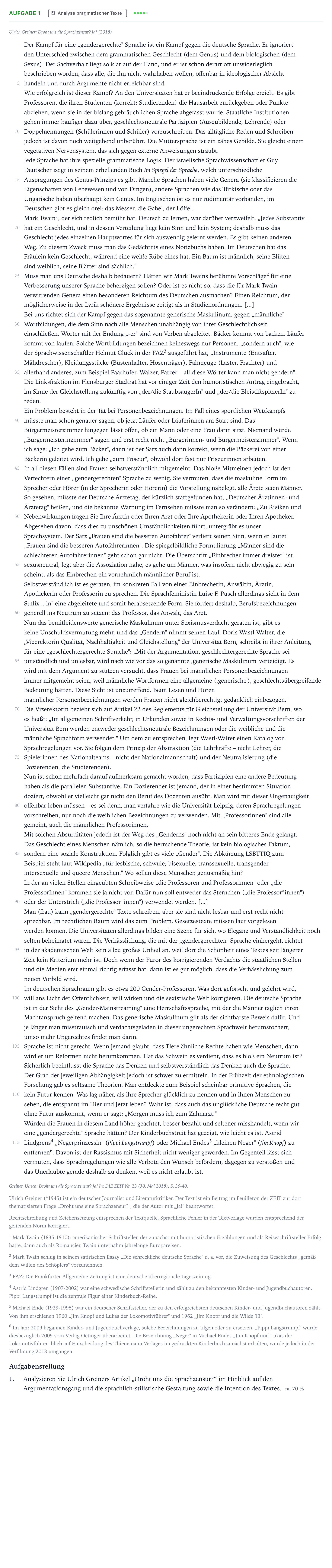 Aufgabenstellung: Aufgabe 1 - Analyse pragmatischer Texte · Abitur NRW Deutsch LK · Sprachveränderungen infolge des Geb 2021