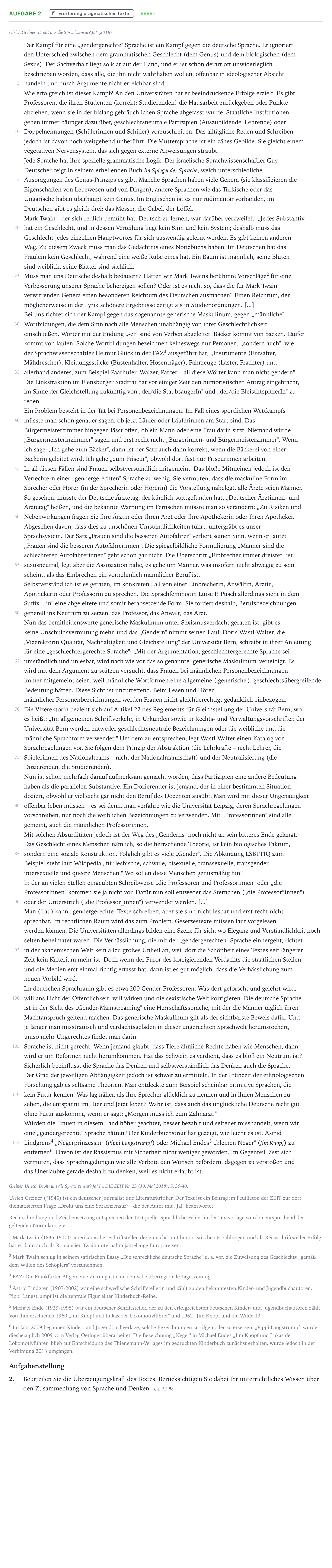 Aufgabenstellung: Aufgabe 2 - Erörterung pragmatischer Texte · Abitur NRW Deutsch LK · Sprachveränderungen infolge des Geb 2021
