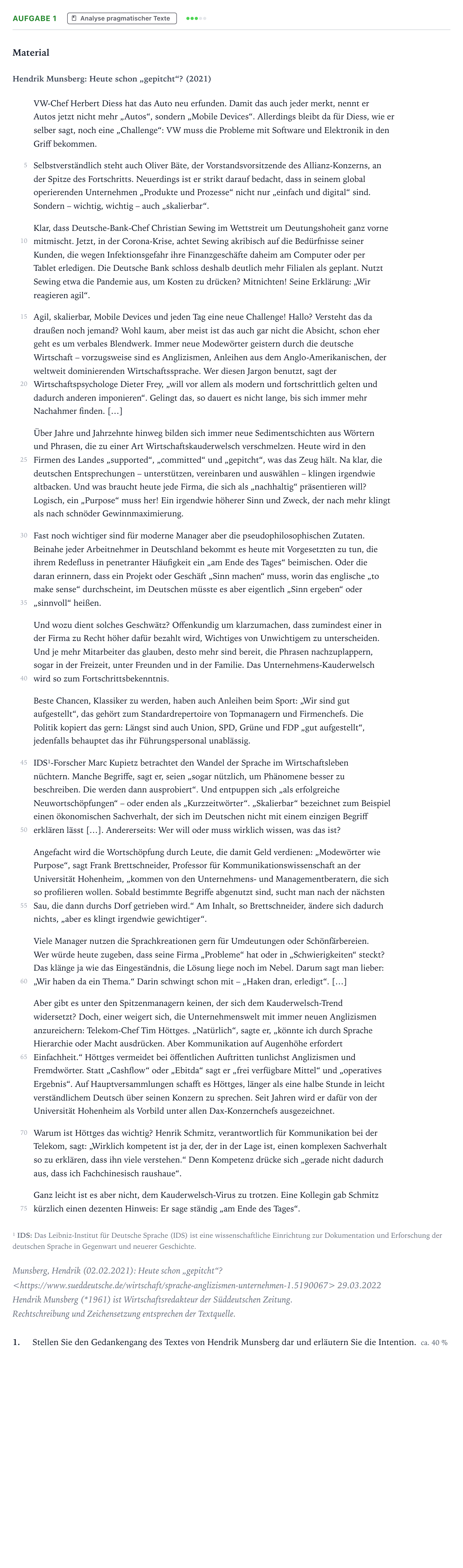 Aufgabenstellung: Aufgabe 1 - Analyse pragmatischer Texte · Abitur NRW Deutsch GK · Sprachverwendung in Unternehmen 2025