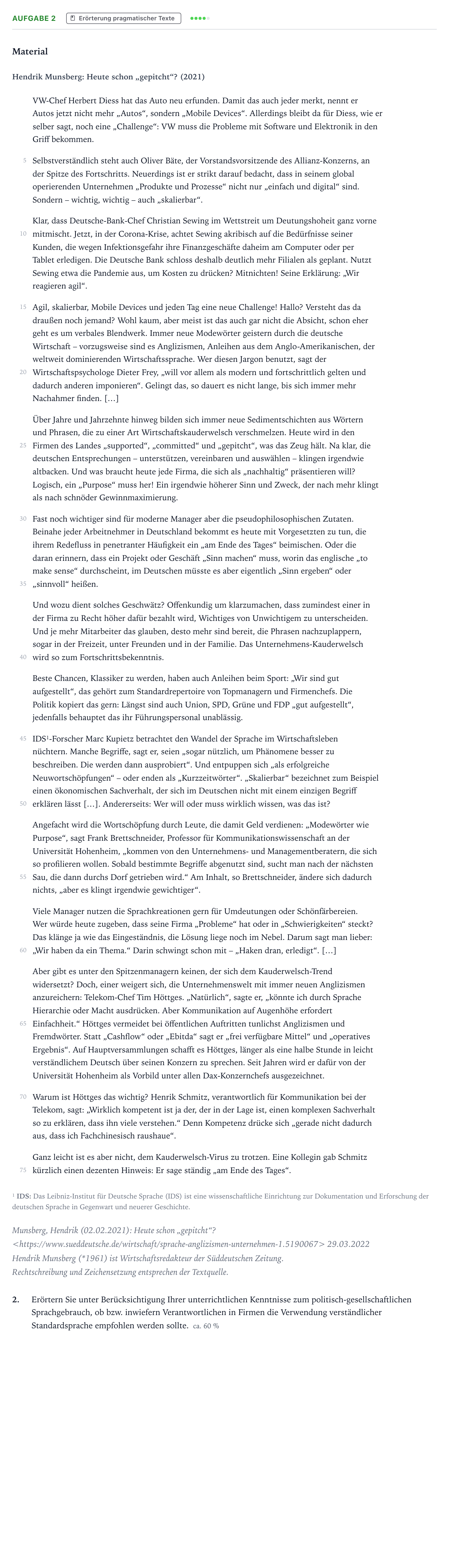 Aufgabenstellung: Aufgabe 2 - Erörterung pragmatischer Texte · Abitur NRW Deutsch GK · Sprachverwendung in Unternehmen 2025