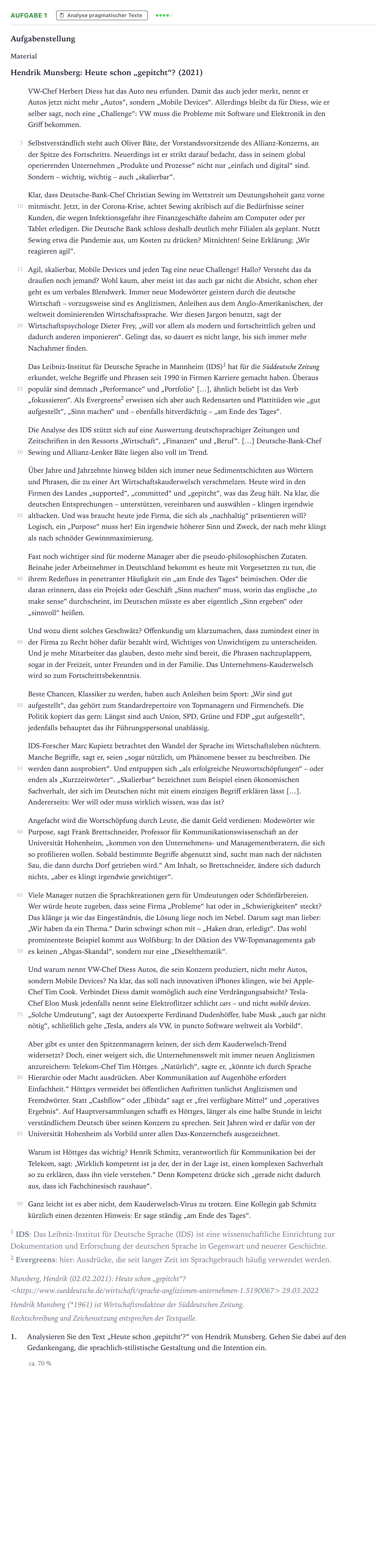 Aufgabenstellung: Aufgabe 1 - Analyse pragmatischer Texte · Abitur NRW Deutsch LK · Sprachverwendung in Unternehmen 2025