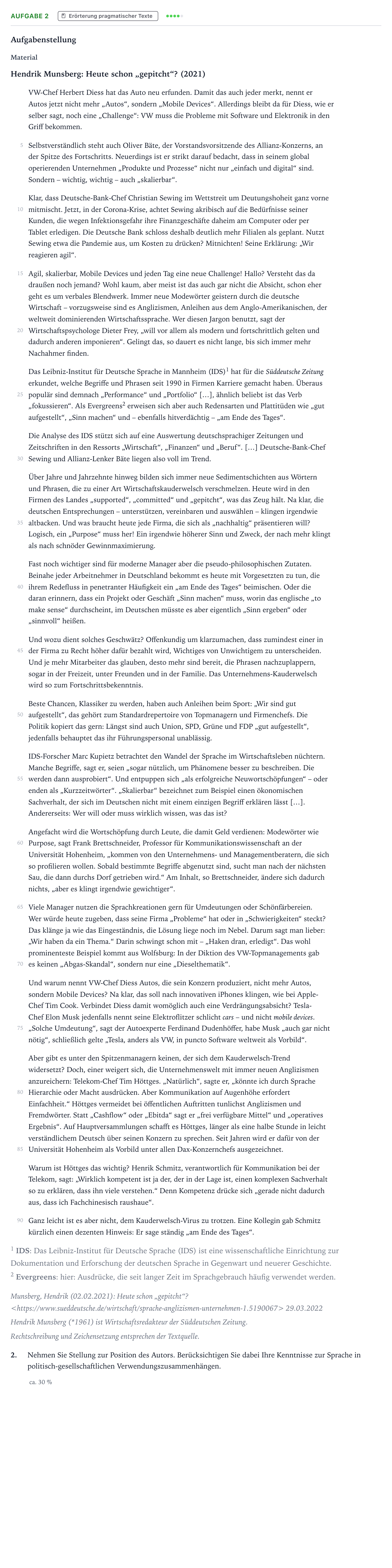 Aufgabenstellung: Aufgabe 2 - Erörterung pragmatischer Texte · Abitur NRW Deutsch LK · Sprachverwendung in Unternehmen 2025
