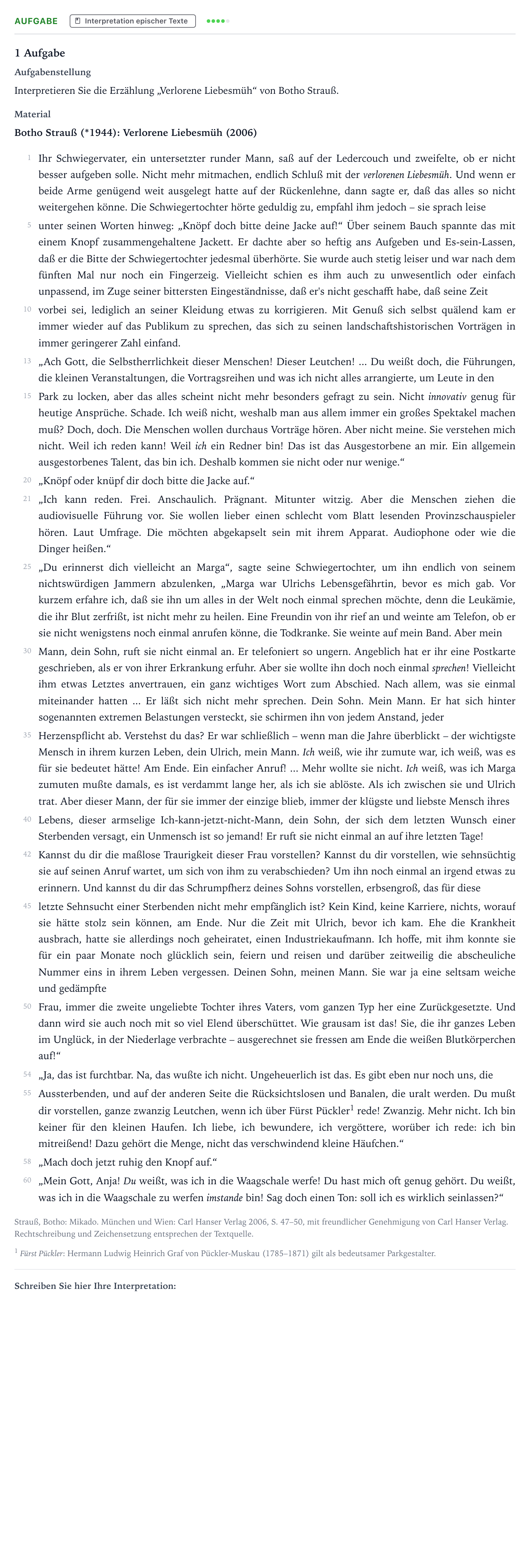 Aufgabenstellung: Aufgabe · Abitur NRW Deutsch GK · Strauß: Verlorene Liebesmüh 2023