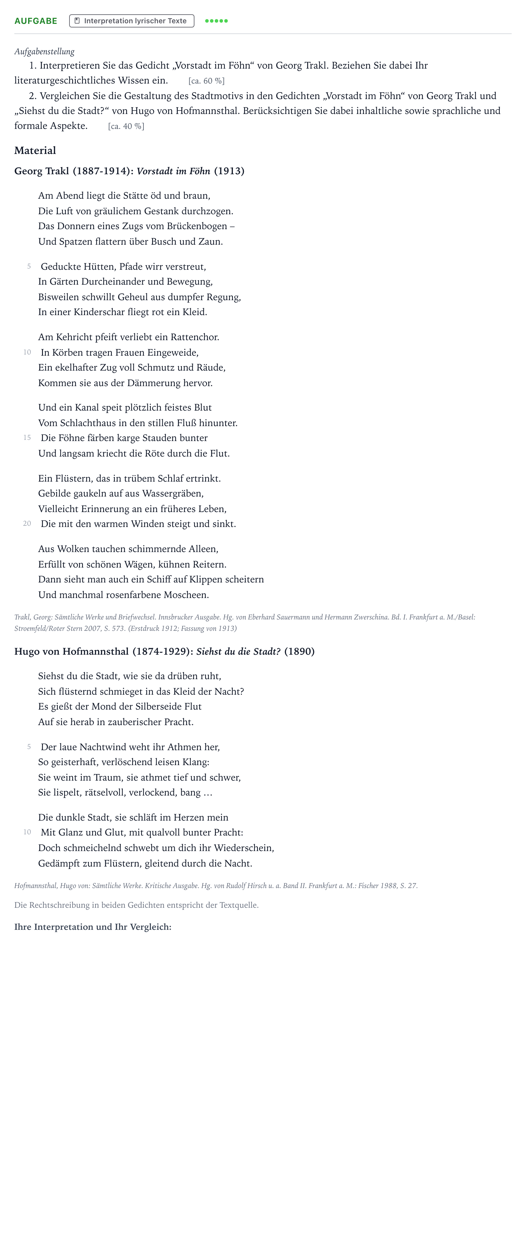 Aufgabenstellung: Aufgabe · Abitur NRW Deutsch LK · Trakl/Hofmannsthal 2022