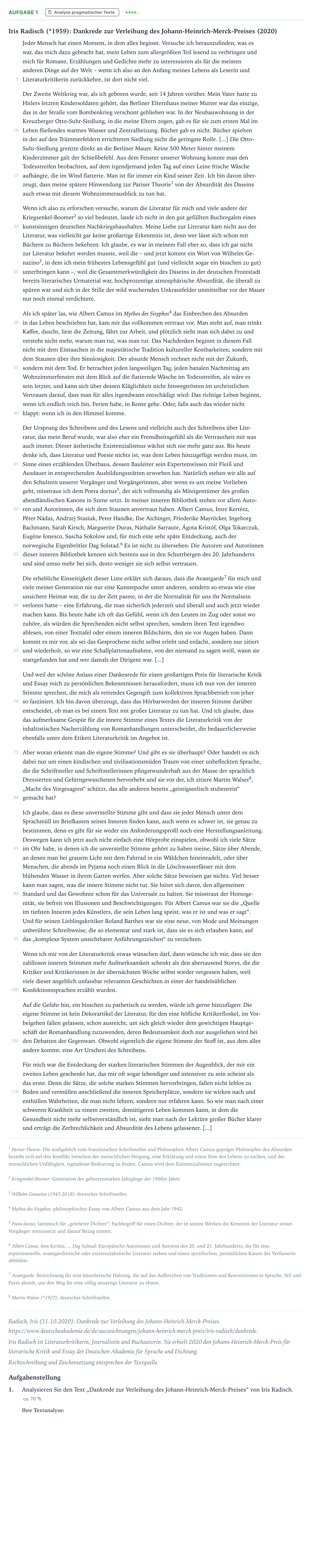 Aufgabenstellung: Aufgabe 1 - Analyse pragmatischer Texte · Abitur NRW Deutsch LK · Verständnis und Funktionen von Lite 2023