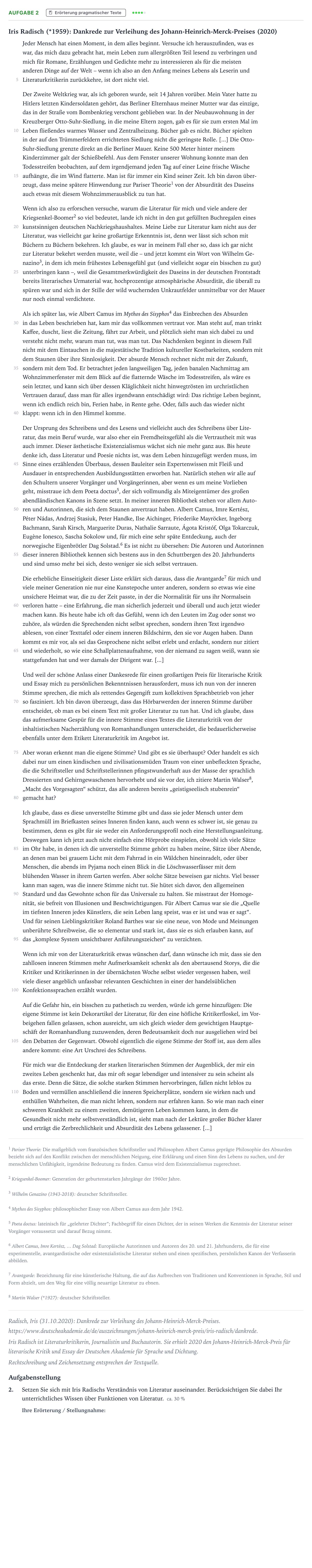 Aufgabenstellung: Aufgabe 2 - Erörterung pragmatischer Texte · Abitur NRW Deutsch LK · Verständnis und Funktionen von Lite 2023