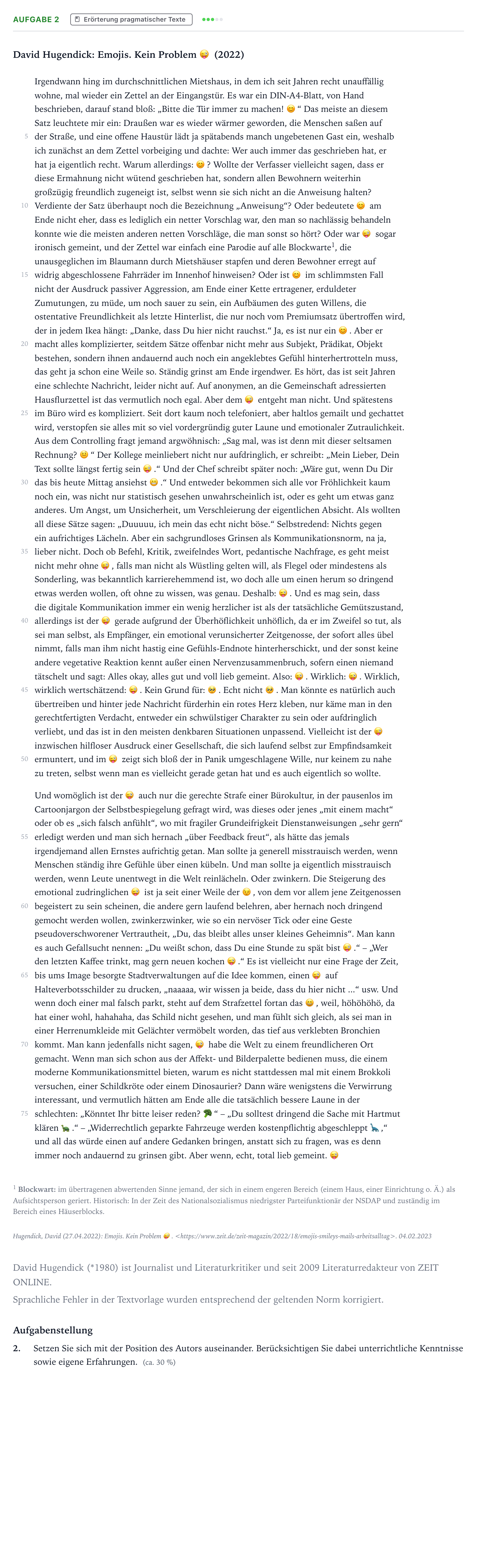 Aufgabenstellung: Aufgabe 2 · Abitur NRW Deutsch GK · Verwendung von Emojis 2025