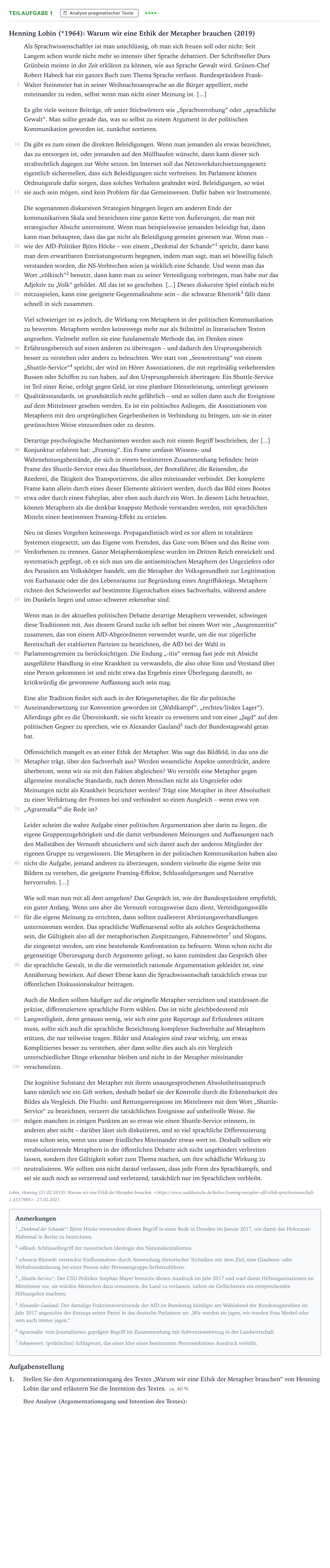 Aufgabenstellung: Teilaufgabe 1 - Analyse pragmatischer Texte · Abitur NRW Deutsch LK · Verwendung von Metaphern im öffentl 2023