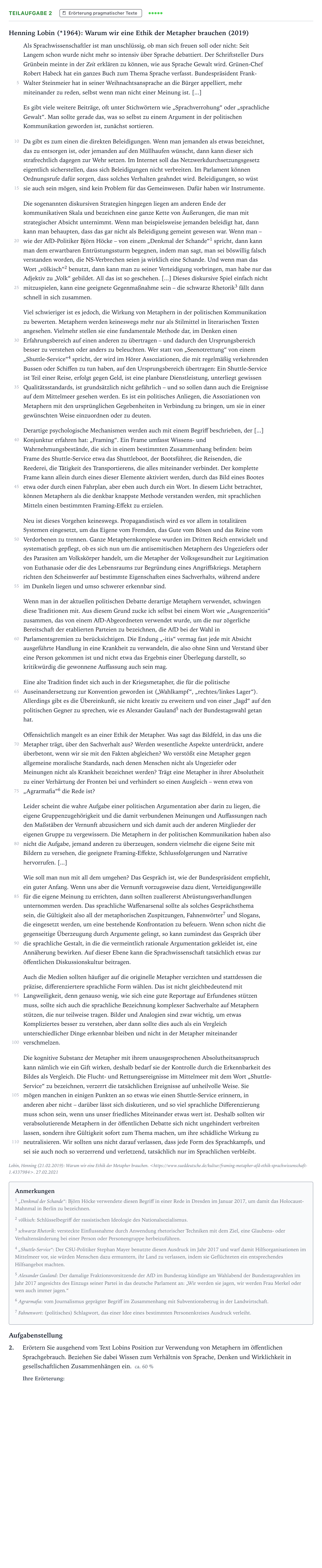 Aufgabenstellung: Teilaufgabe 2 - Erörterung pragmatischer Texte · Abitur NRW Deutsch LK · Verwendung von Metaphern im öffentl 2023