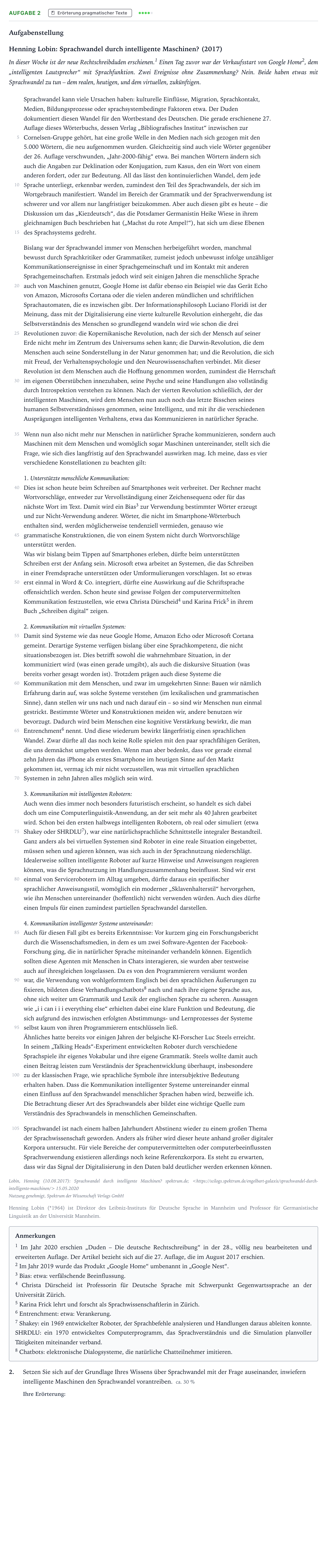 Aufgabenstellung: Aufgabe 2 - Erörterung pragmatischer Texte · Abitur NRW Deutsch LK · zukünftige digital bzw. durch intel 2022