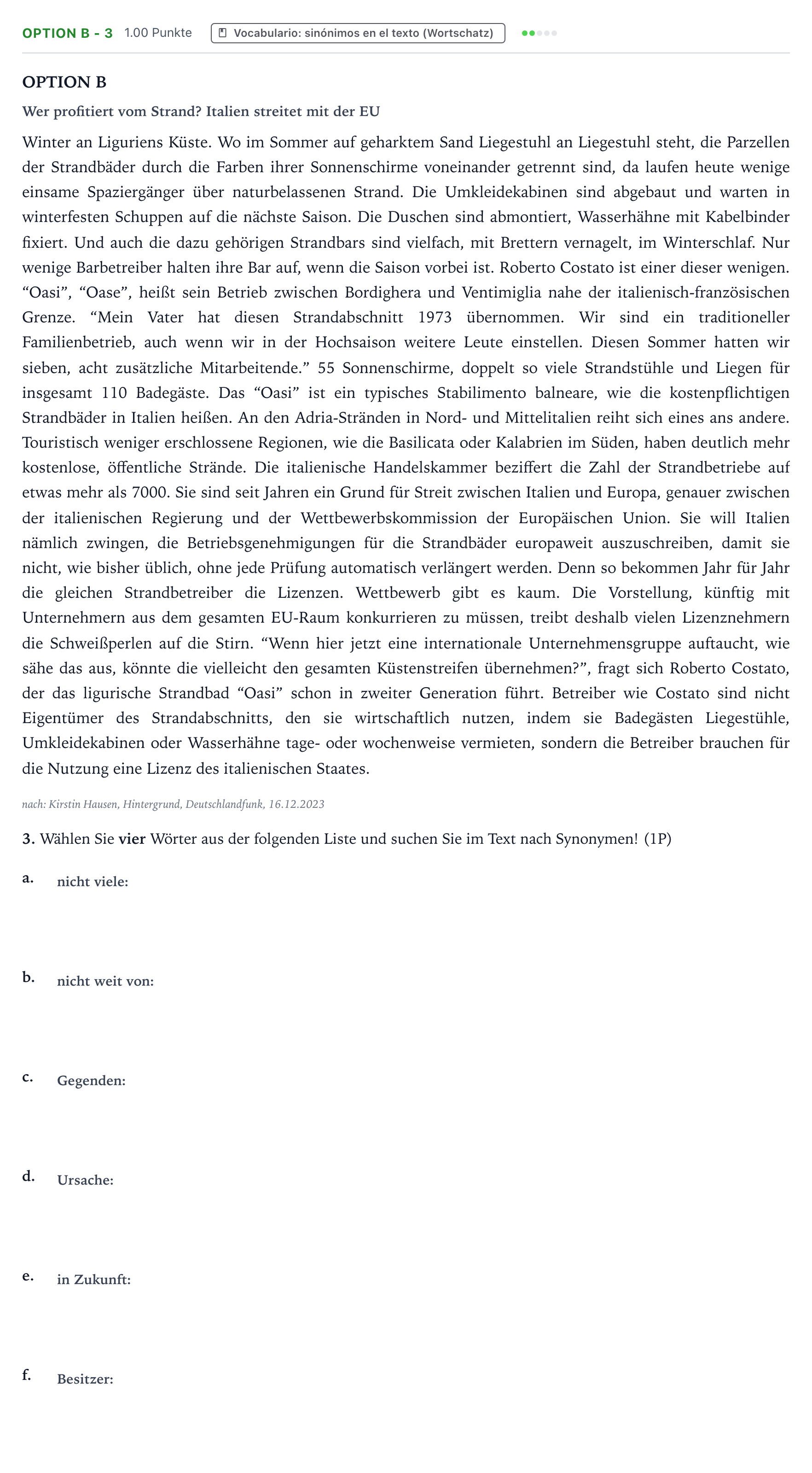 Enunciado: Ejercicio Option B - 3 · Alemán PAU País Vasco Extraordinaria 2024