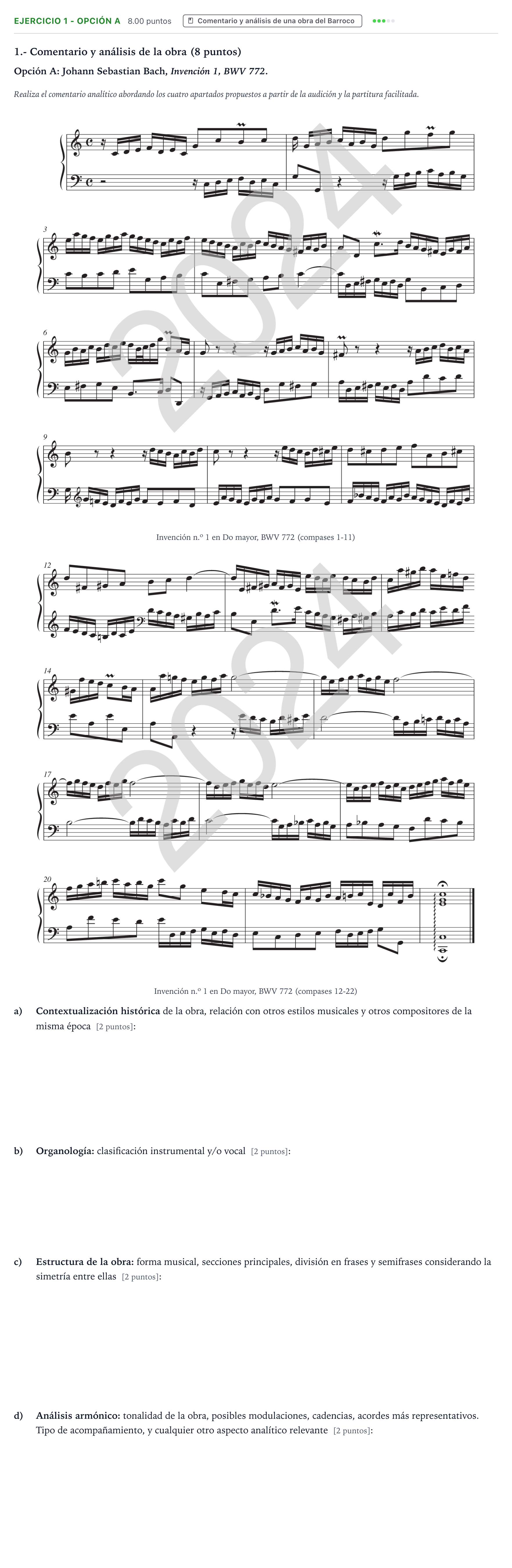 Enunciado: Ejercicio 1 - Opción A · Análisis Musical II PAU País Vasco Extraordinaria 2024