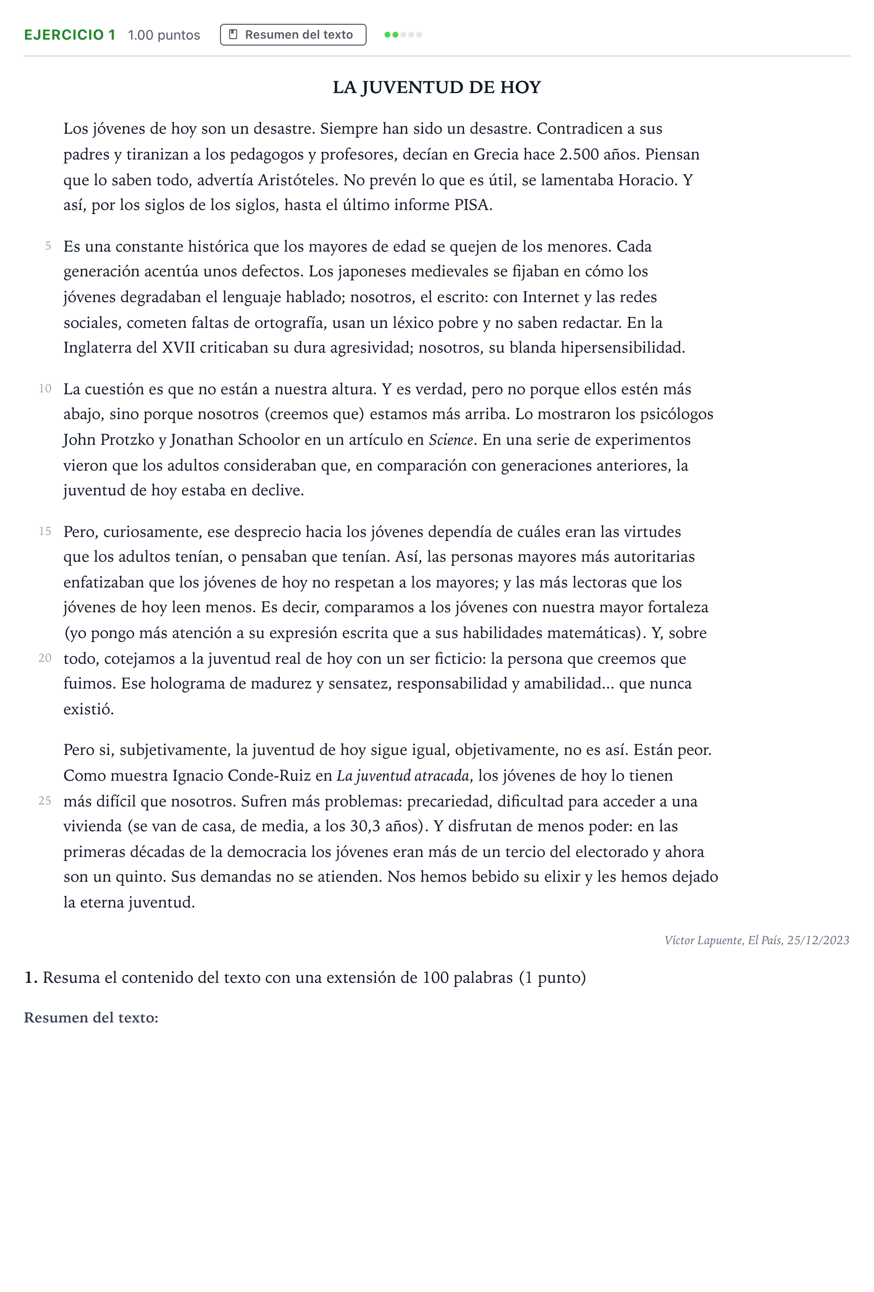 Enunciado: Problema 1 · Lengua Castellana y Literatura II PAU País Vasco Ordinaria 2024