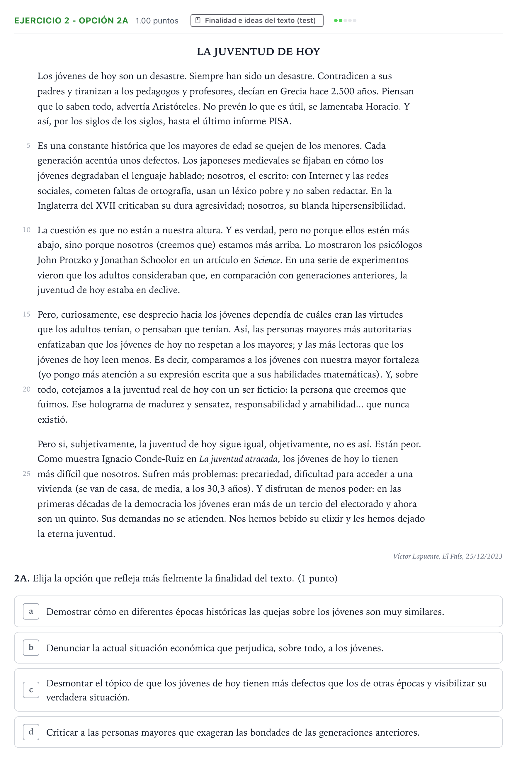 Enunciado: Ejercicio 2 - Opción 2A · Lengua Castellana y Literatura II PAU País Vasco Ordinaria 2024
