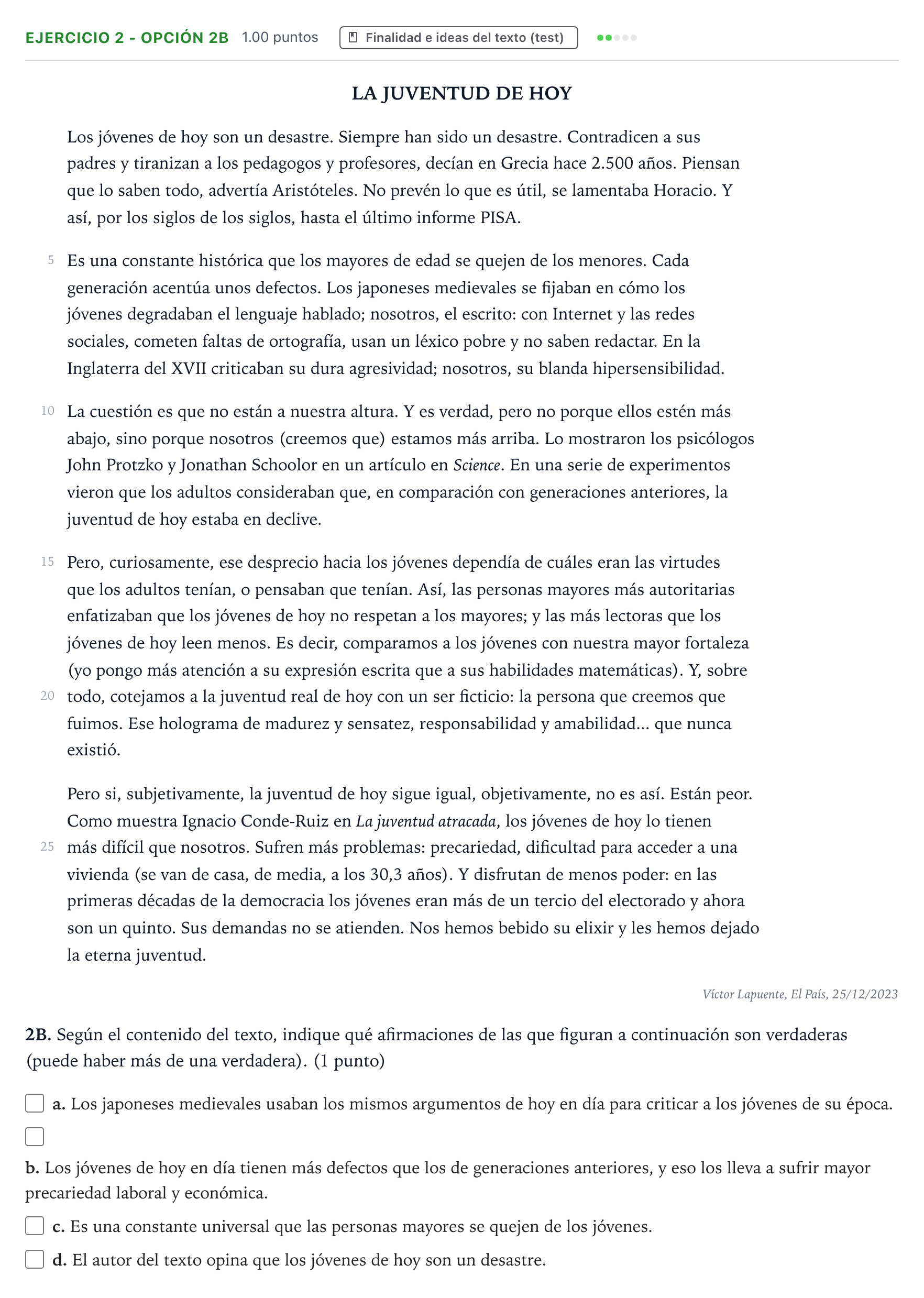 Enunciado: Ejercicio 2 - Opción 2B · Lengua Castellana y Literatura II PAU País Vasco Ordinaria 2024
