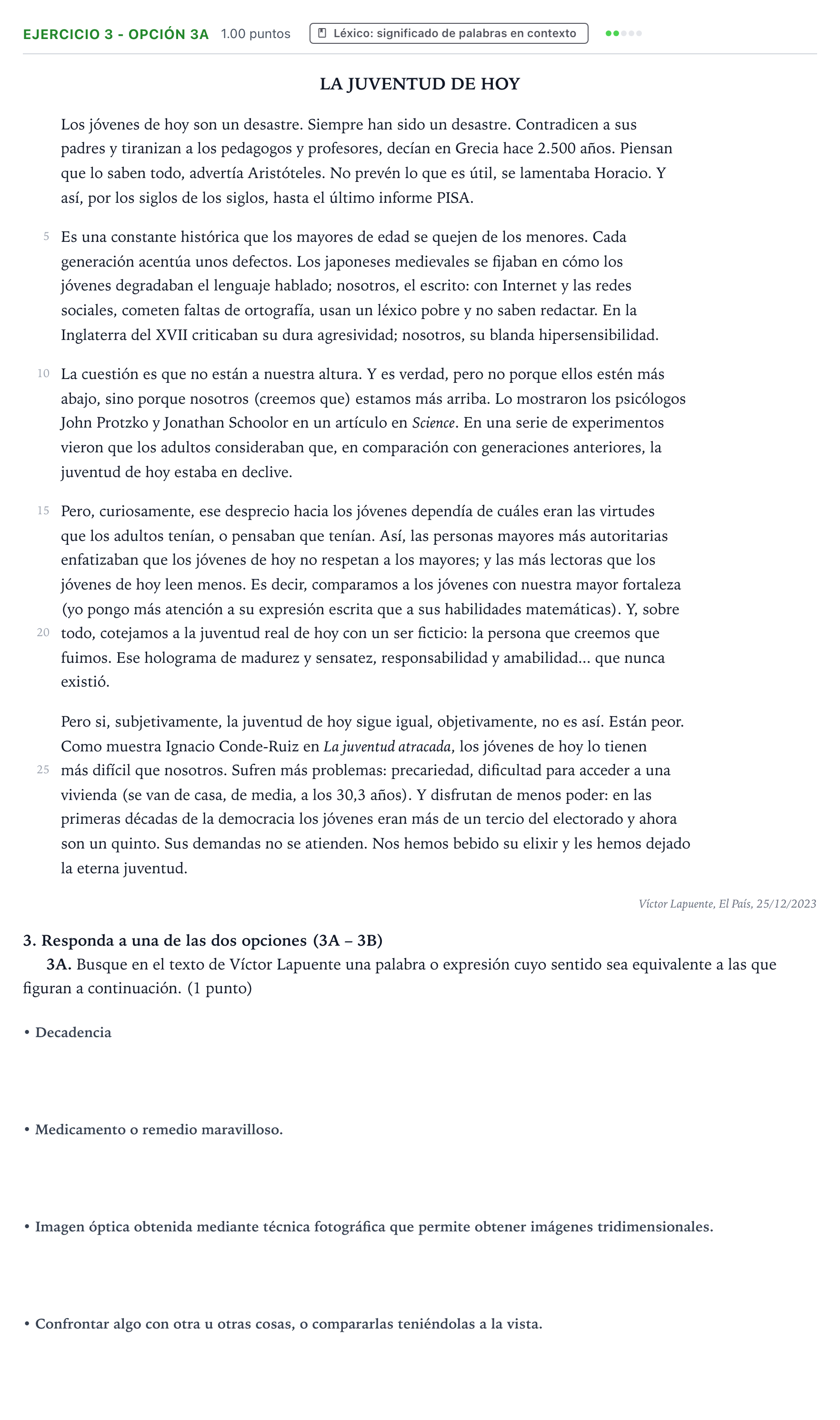 Enunciado: Ejercicio 3 - Opción 3A · Lengua Castellana y Literatura II PAU País Vasco Ordinaria 2024