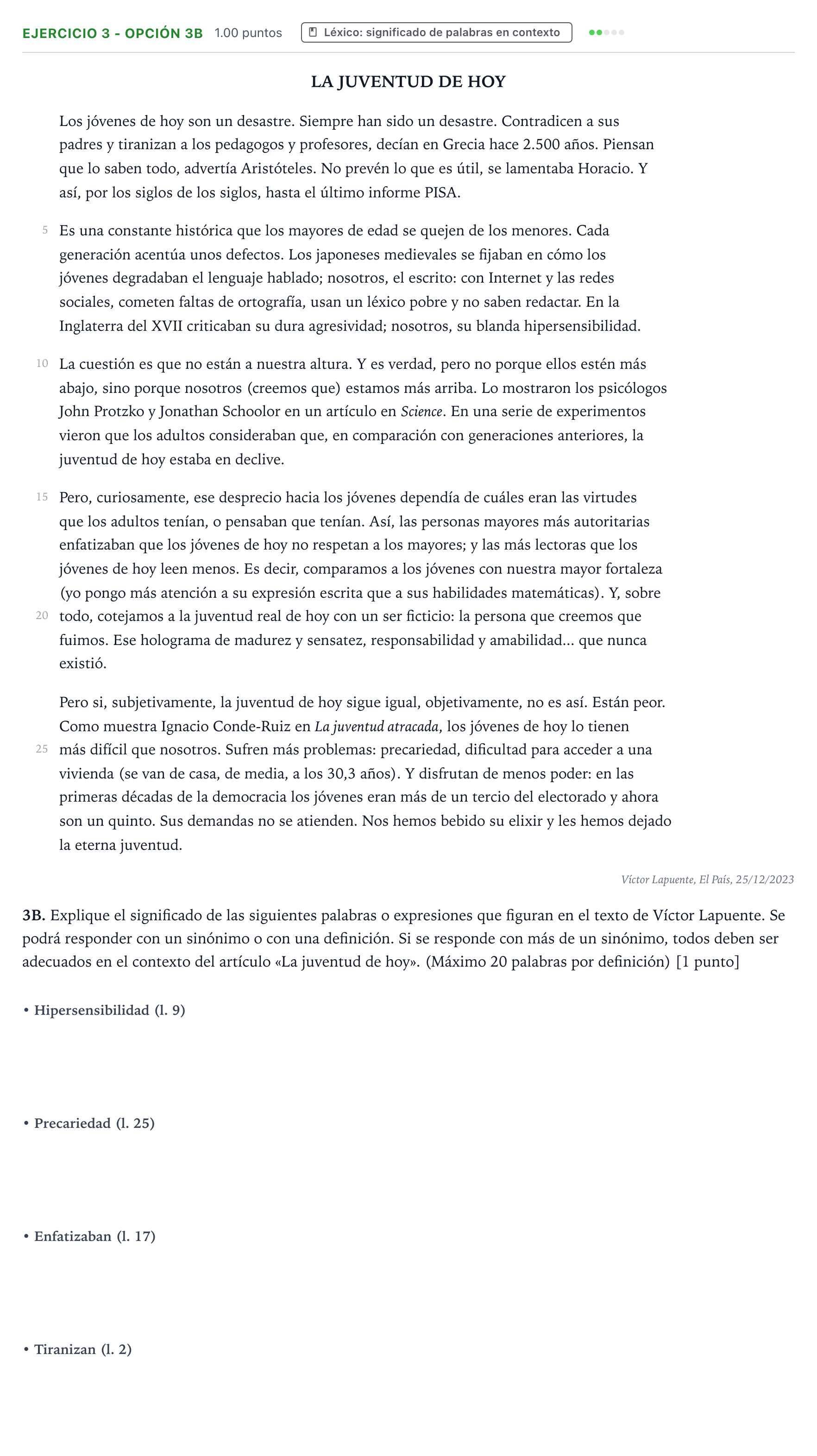 Enunciado: Ejercicio 3 - Opción 3B · Lengua Castellana y Literatura II PAU País Vasco Ordinaria 2024