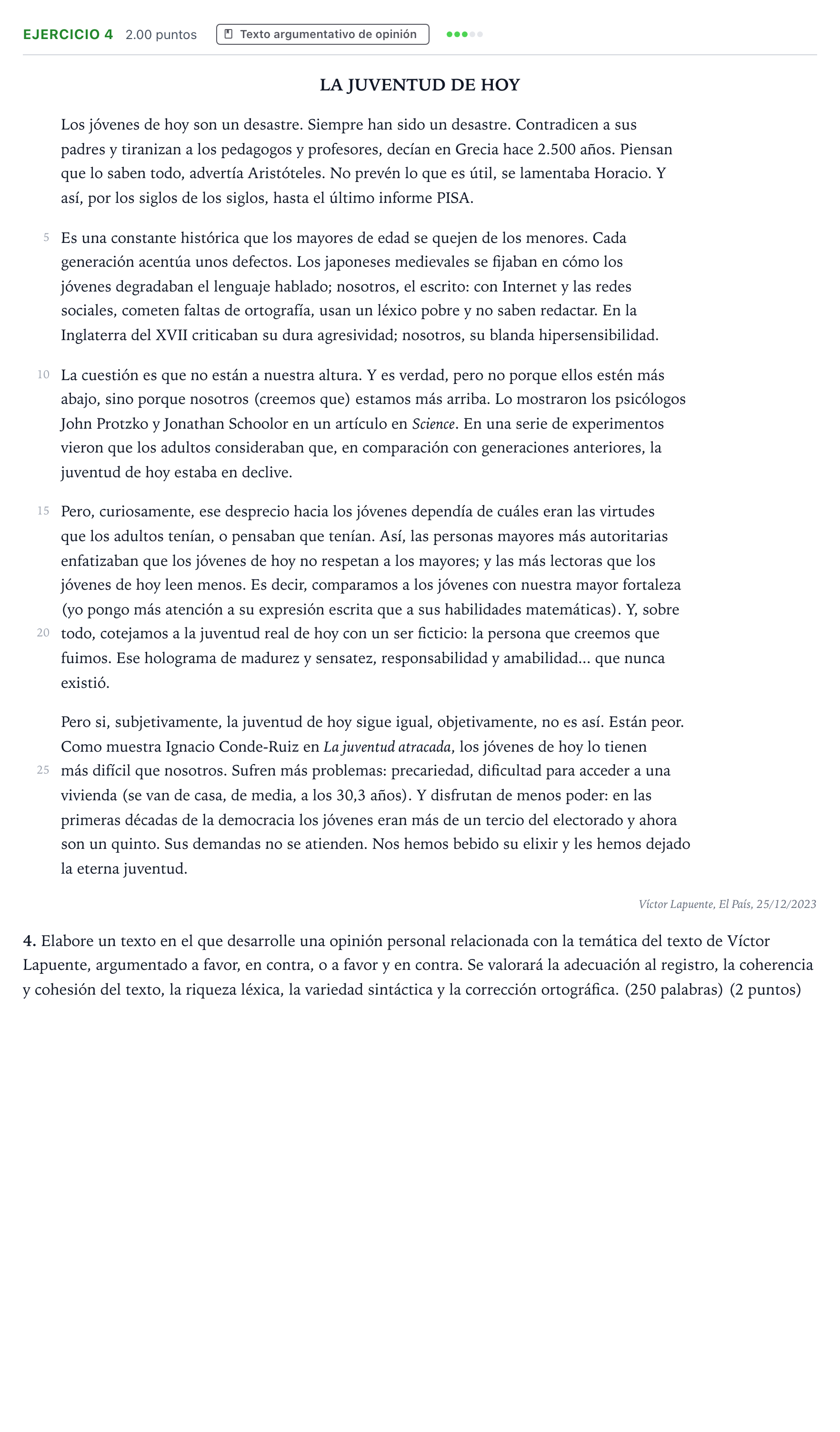 Enunciado: Problema 4 · Lengua Castellana y Literatura II PAU País Vasco Ordinaria 2024