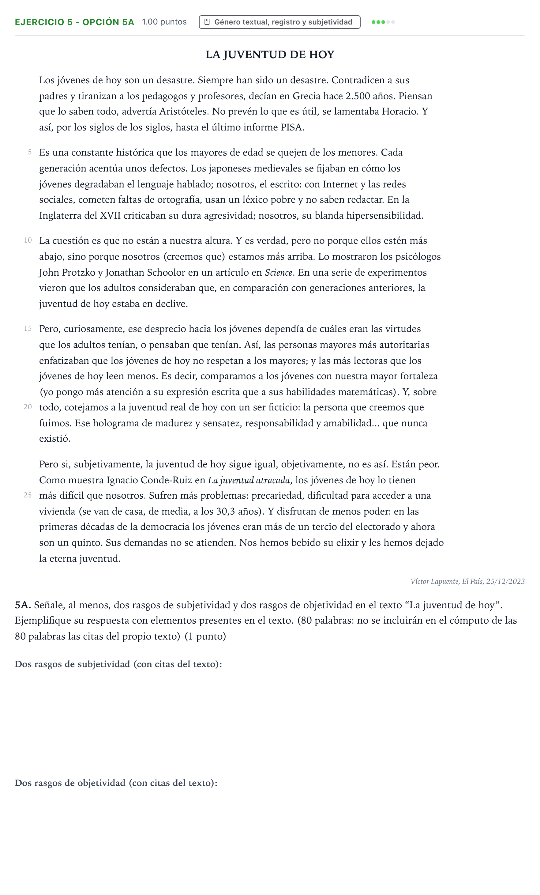 Enunciado: Ejercicio 5 - Opción 5A · Lengua Castellana y Literatura II PAU País Vasco Ordinaria 2024